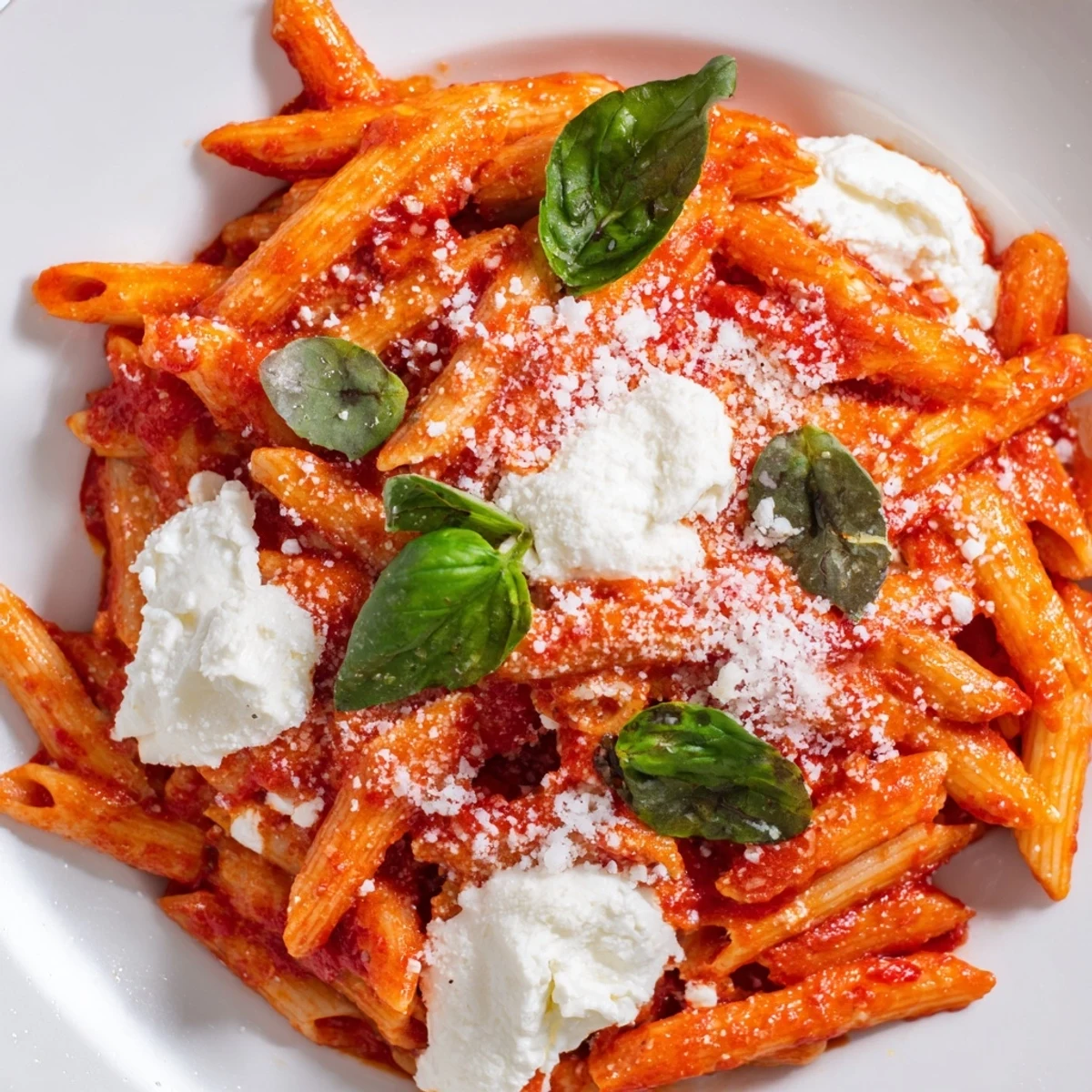 Creamy Tomato Garlic Ricotta Penne topped with fresh basil leaves and Parmesan cheese