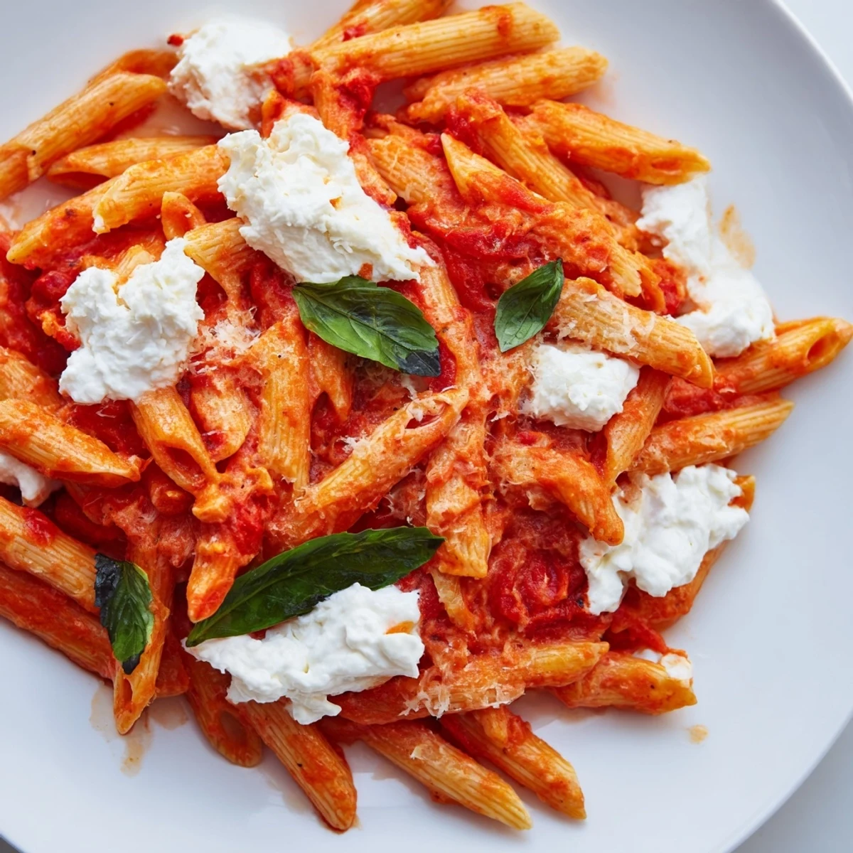 Golden garlic tomato sauce coats tender penne pasta with creamy ricotta swirls