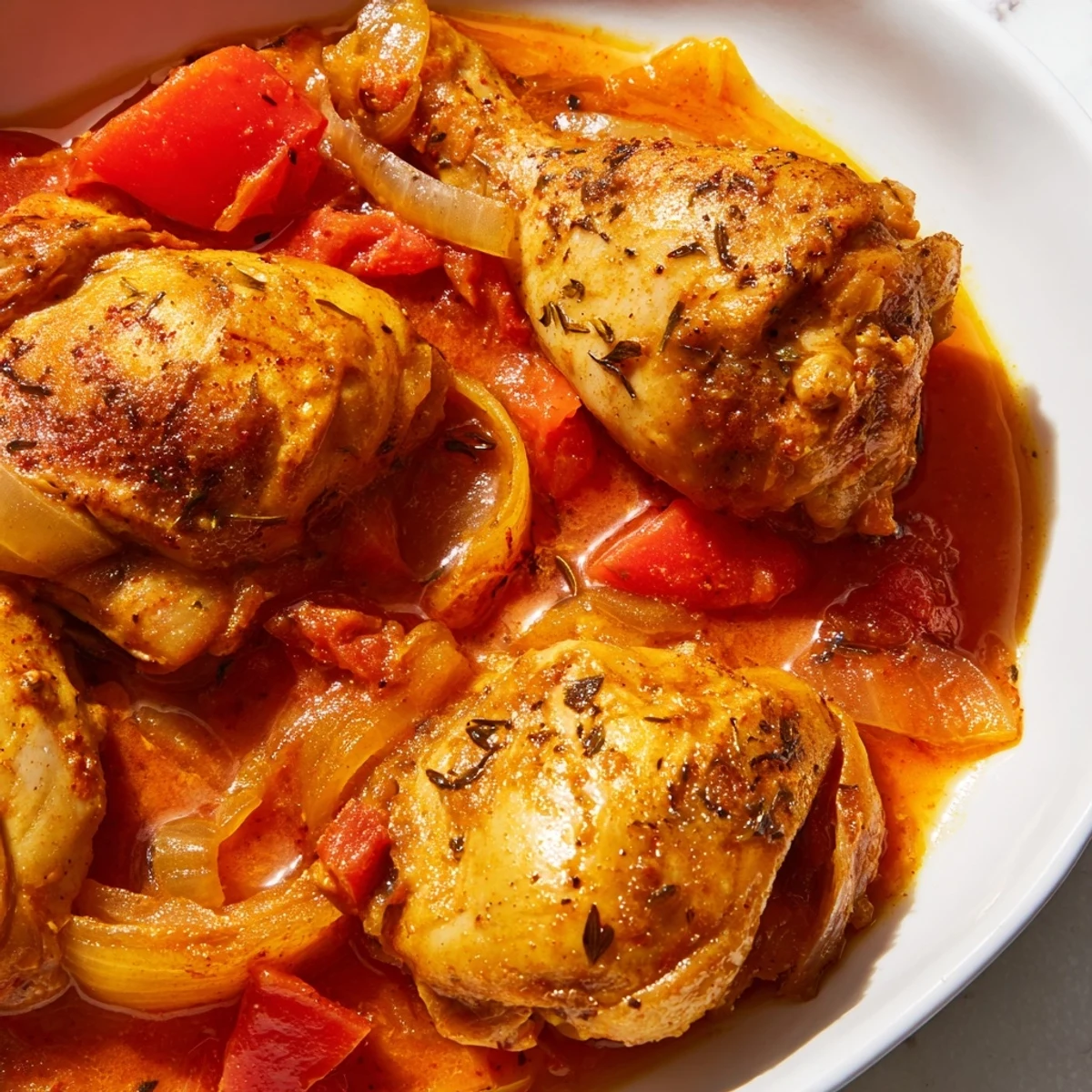 Golden Senegalese chicken simmered in rich tomato sauce with colorful bell peppers and aromatic spices