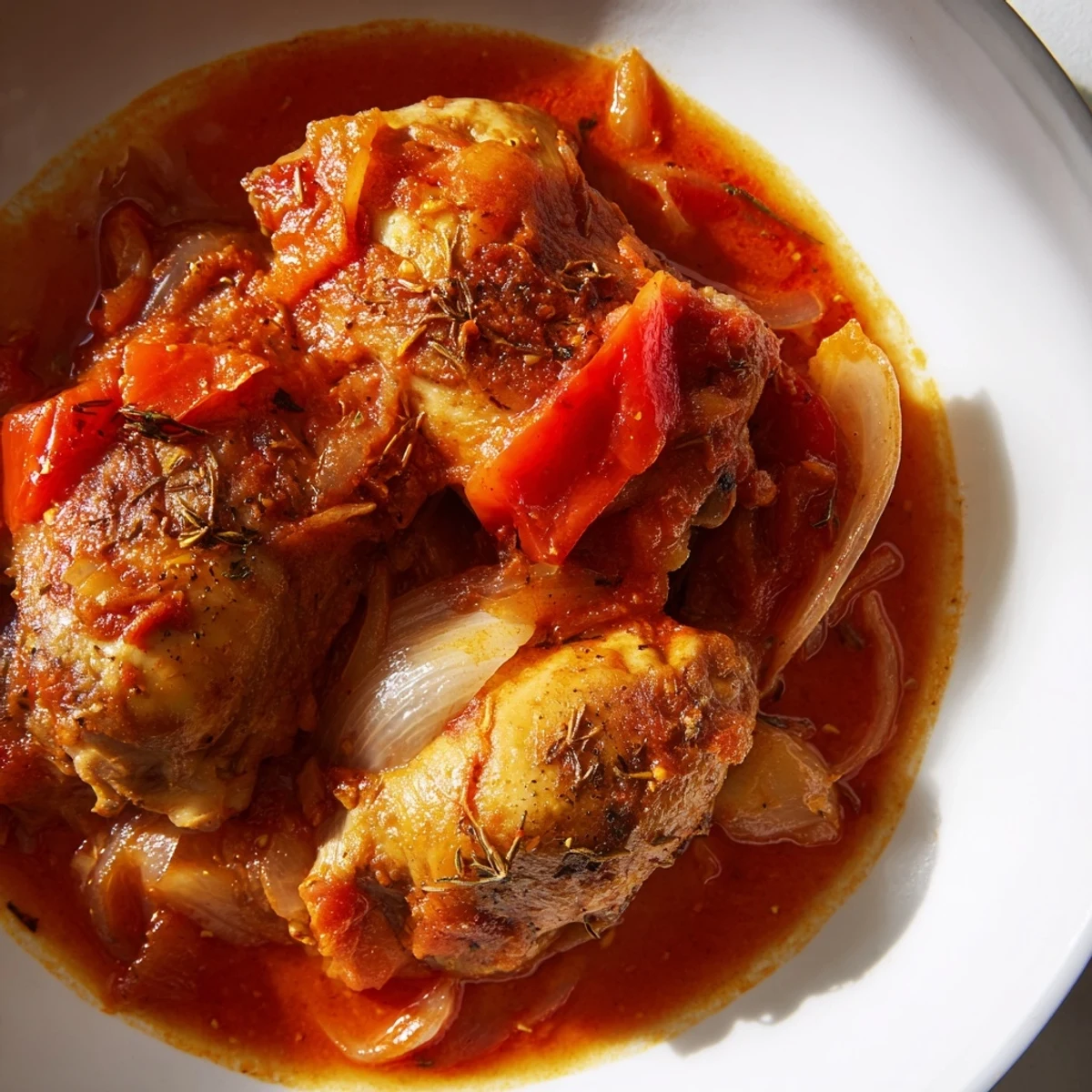 Tender Senegalese chicken thighs in vibrant reddish-orange sauce served over fluffy white rice
