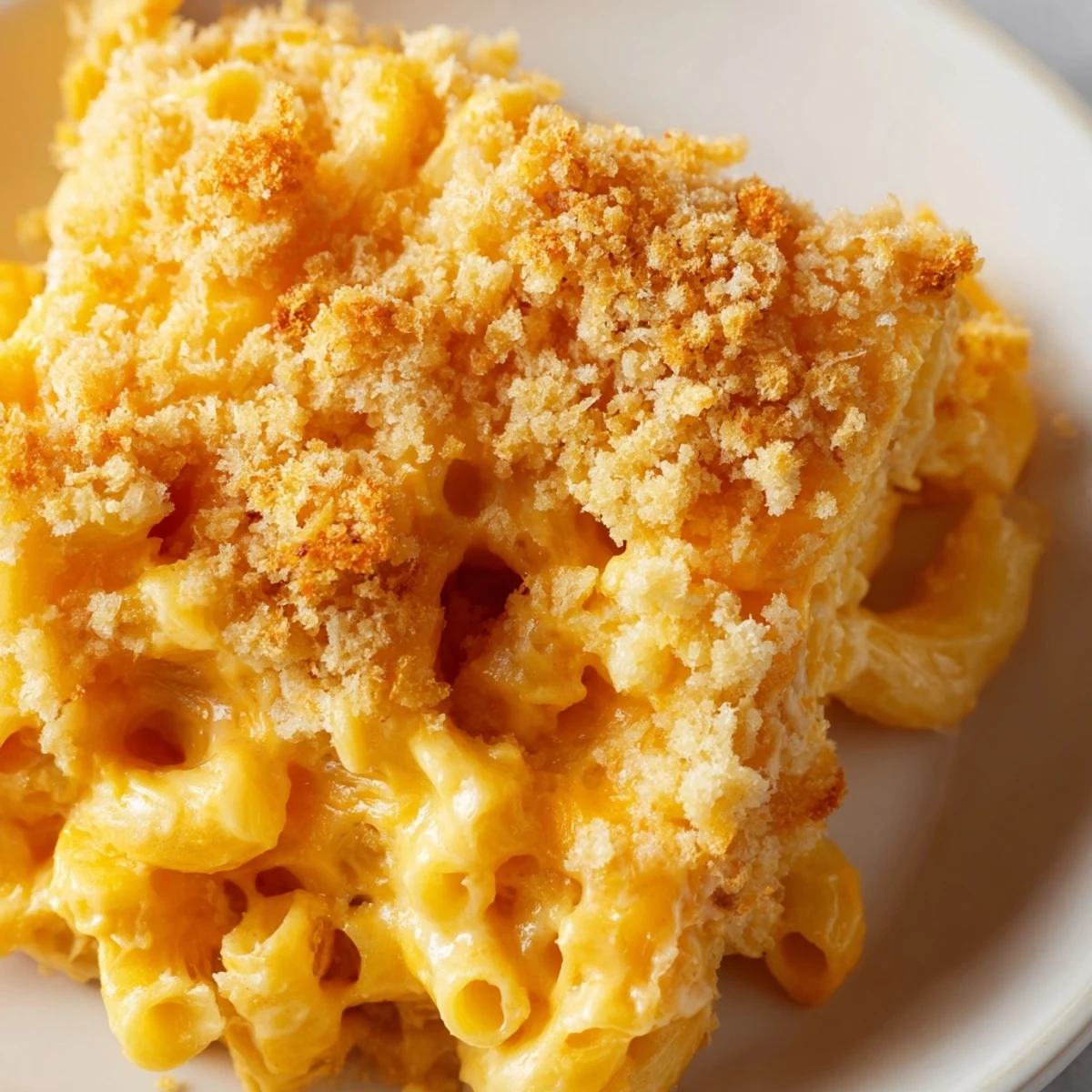 Golden bubbly three cheese baked macaroni with crispy panko topping fresh from oven