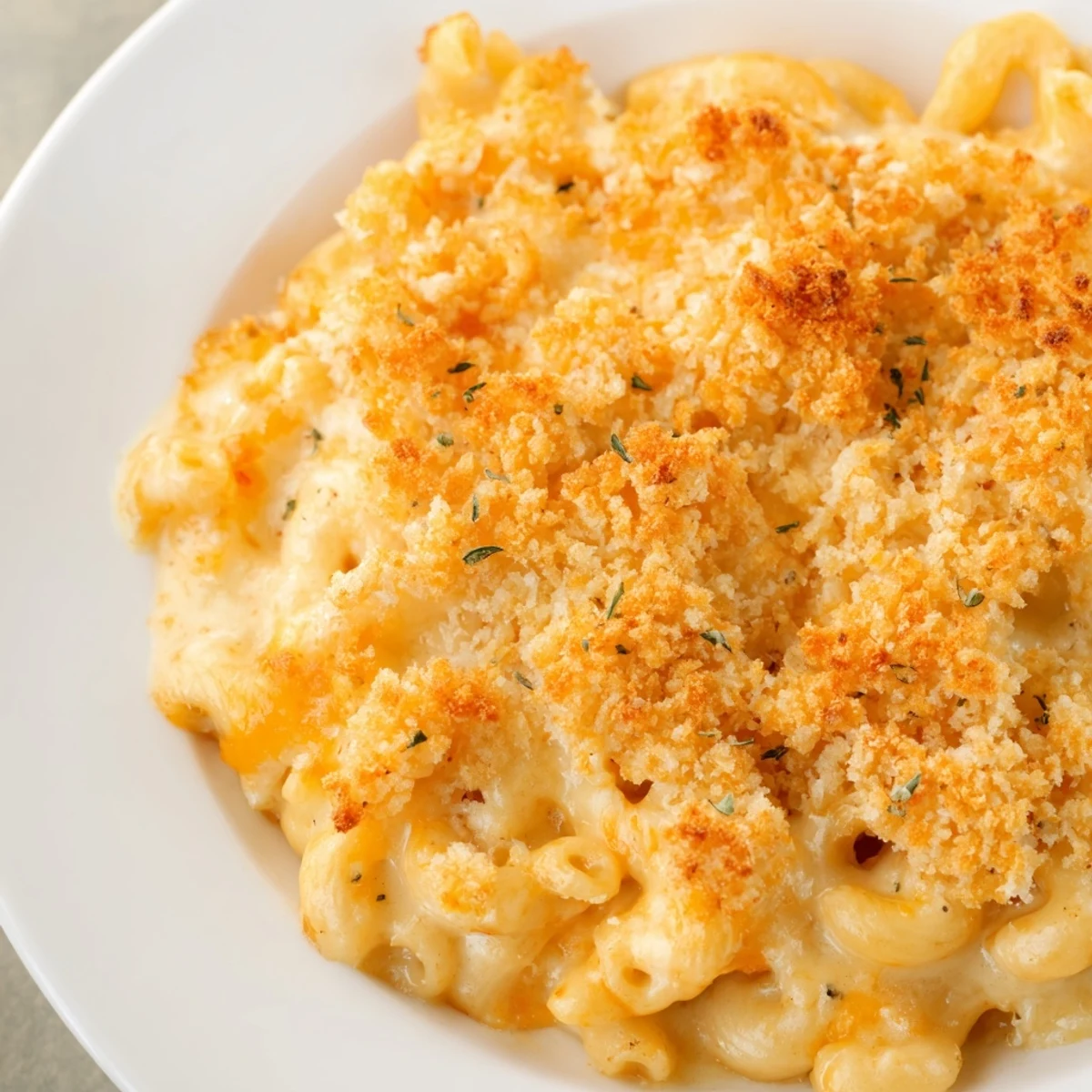 Creamy three cheese baked macaroni in cast iron dish with melted cheese pulls