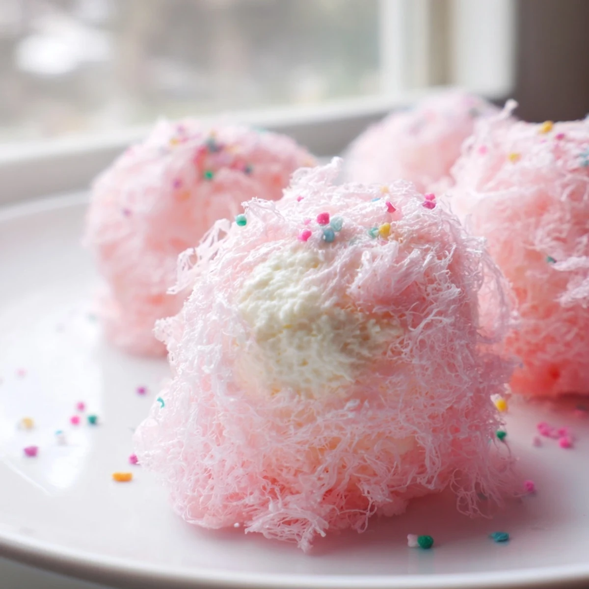 Creamy cheesecake filling peeking through pastel cotton candy shells topped with rainbow sprinkles