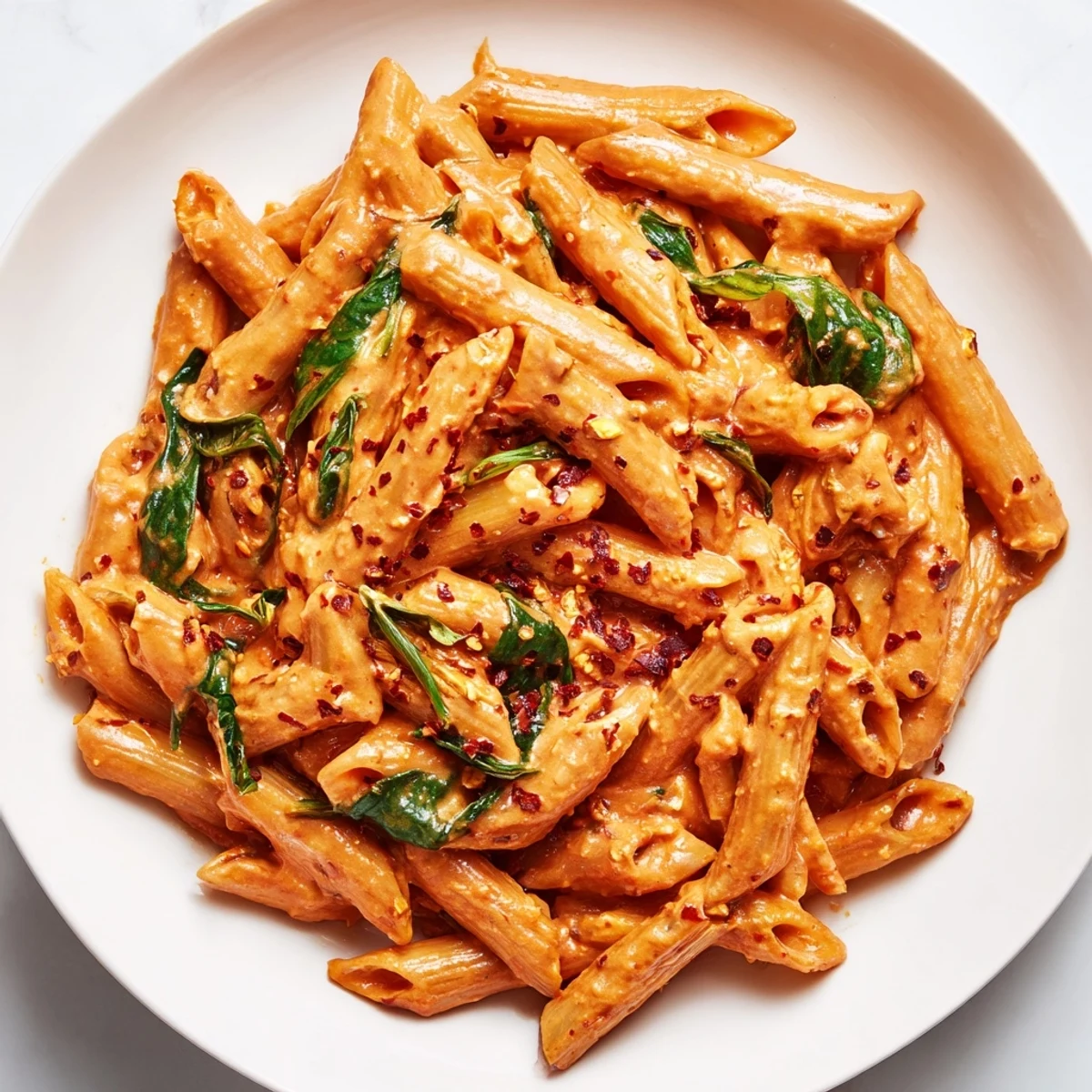 Creamy sun dried tomato vegan pasta in a smooth pinkish red sauce with fresh basil leaves on top