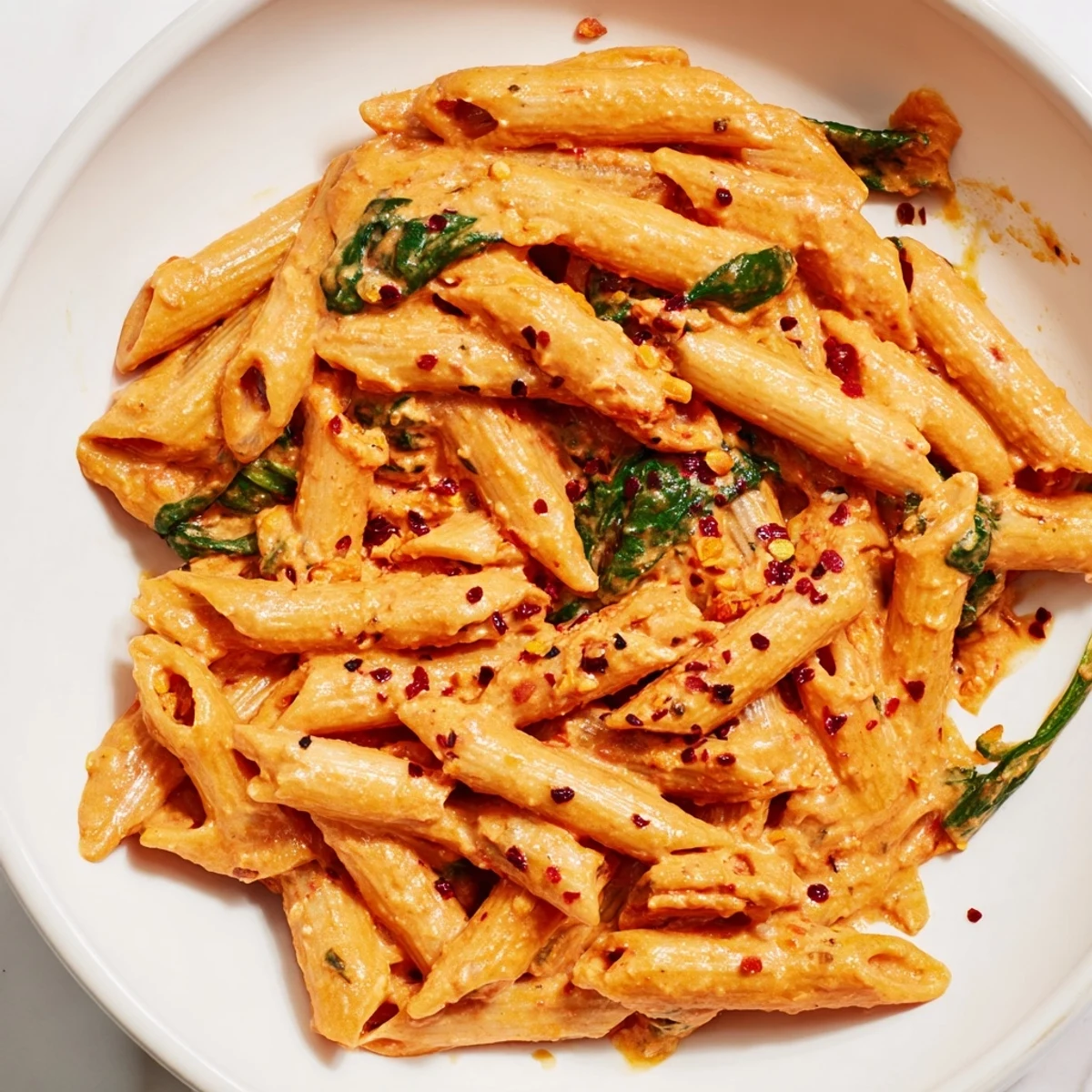 Twirled creamy sun dried tomato vegan pasta coated in rich cashew sauce served in a white bowl