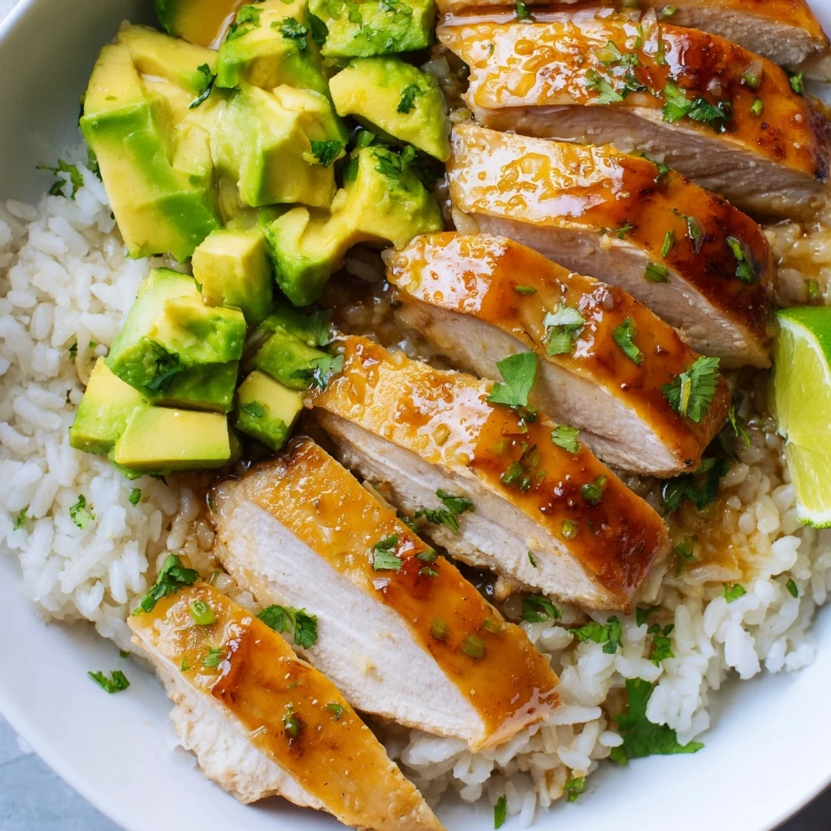 Golden honey lime chicken sliced and served over creamy green avocado rice with fresh cilantro