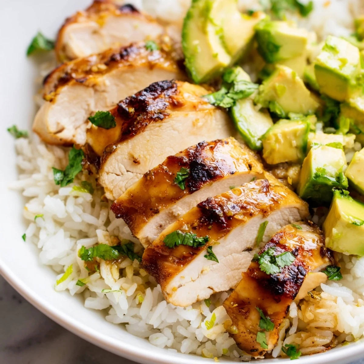 Juicy glazed honey lime chicken resting atop fluffy avocado rice studded with tender diced avocado