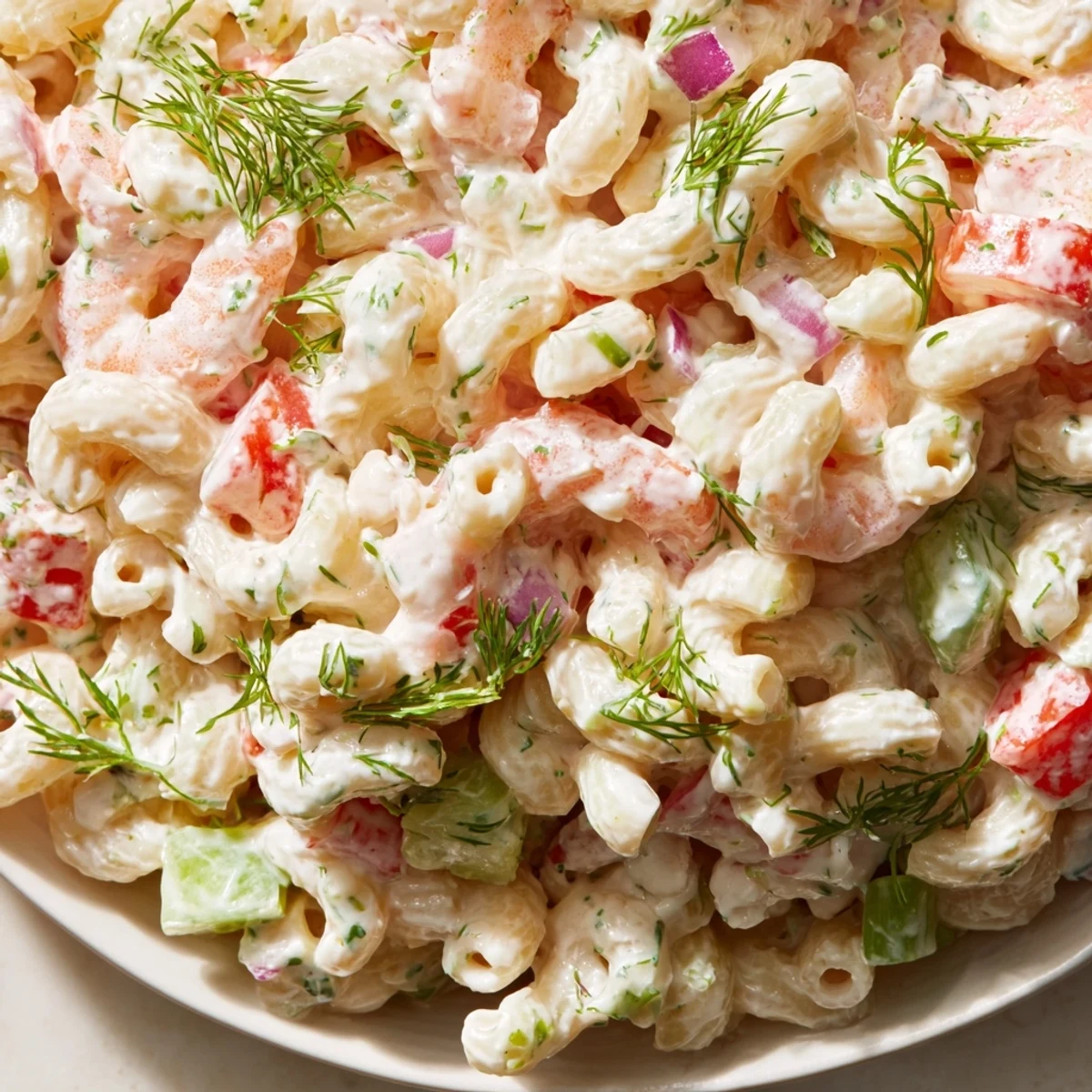 Creamy shrimp macaroni salad loaded with tender seafood and crisp vegetables in tangy dressing