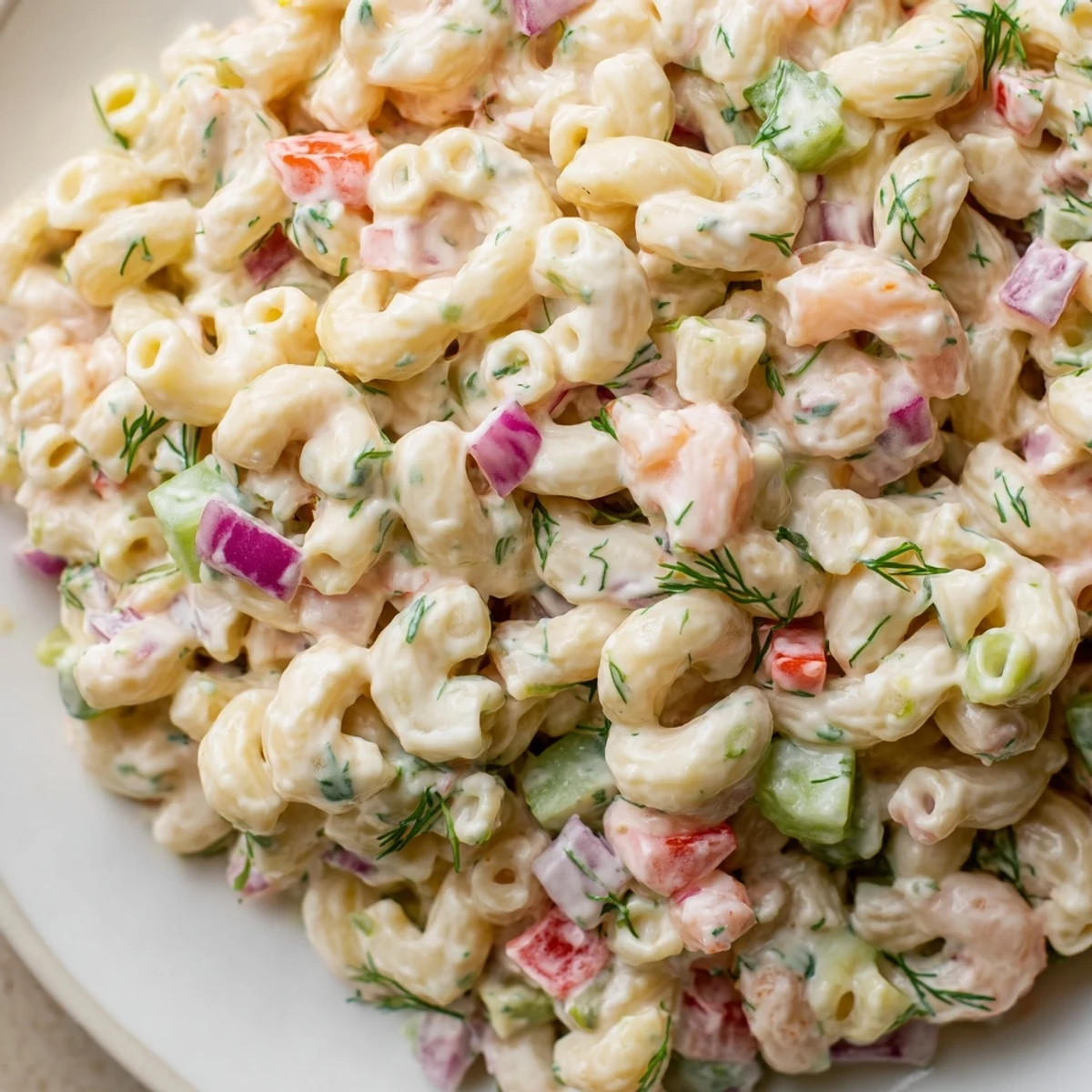 Chilled shrimp macaroni salad served in a bowl with colorful diced peppers and celery