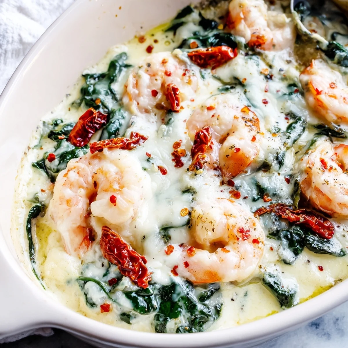 Creamy Low Carb Shrimp Tuscan Bake with melted mozzarella and sun-dried tomatoes in cast iron skillet