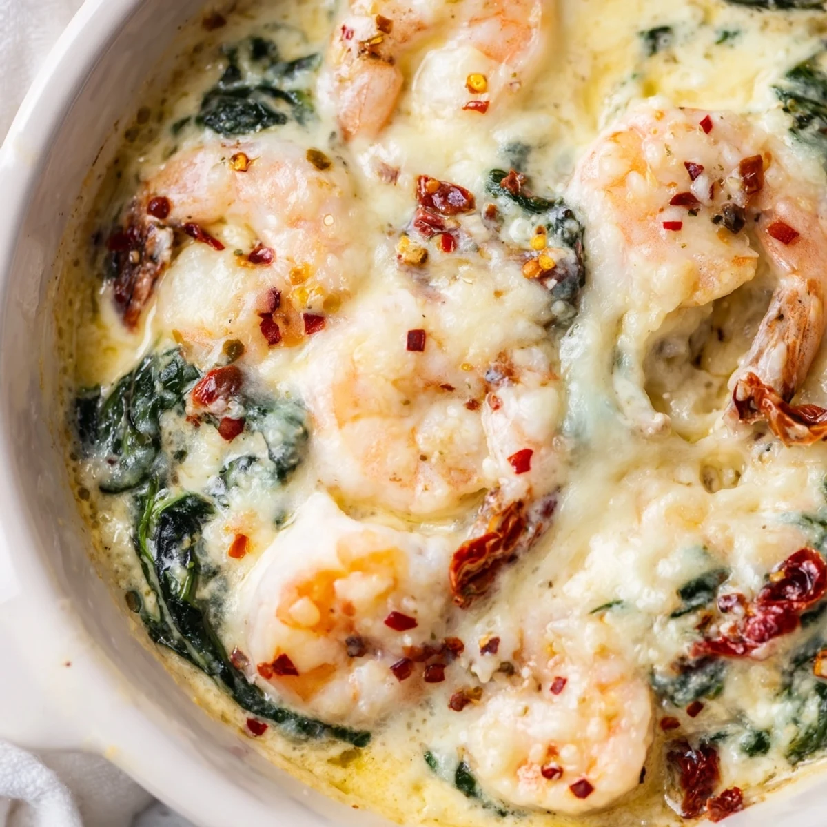 Golden bubbly Low Carb Shrimp Tuscan Bake served hot with spinach and creamy garlic sauce