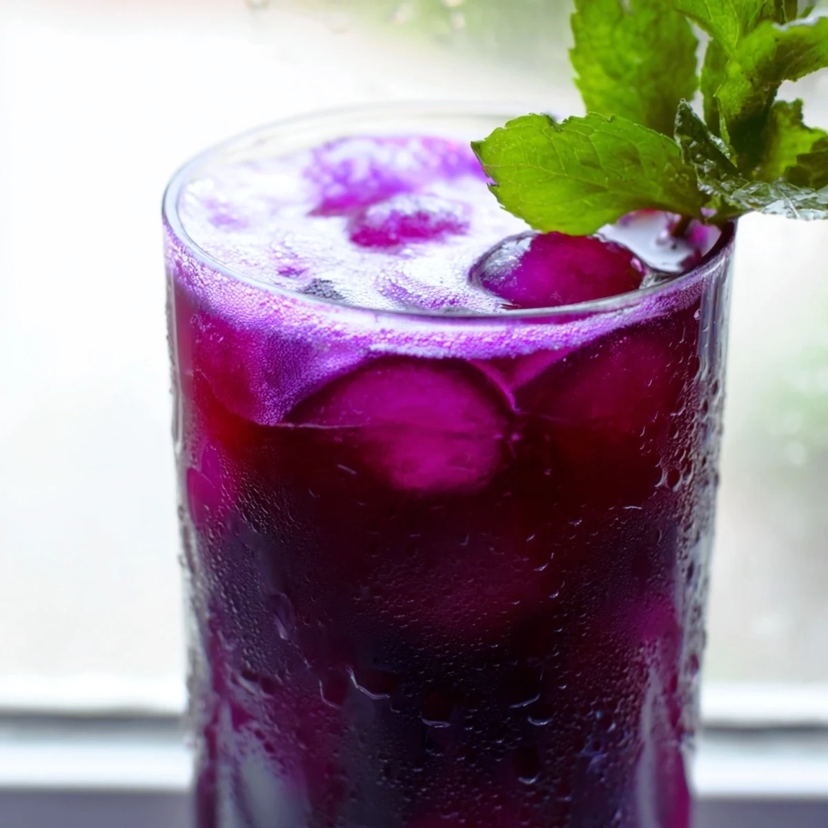 Grape Agua Fresca served over ice with fresh grapes and mint garnish