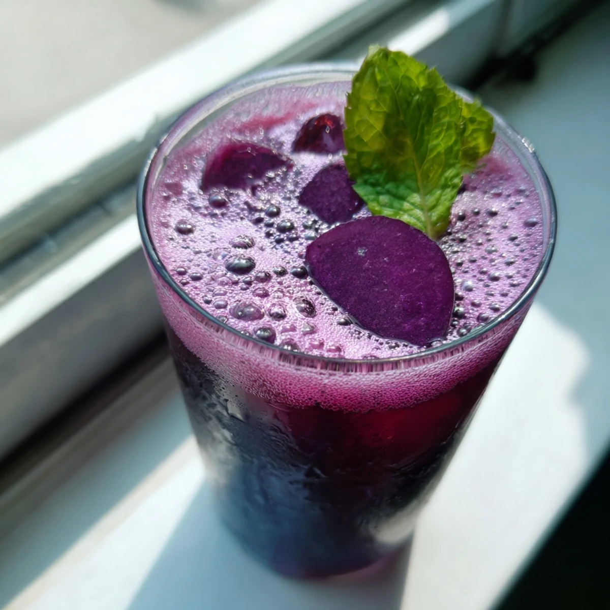 Refreshing Grape Agua Fresca in a tall glass with lime wedges nearby