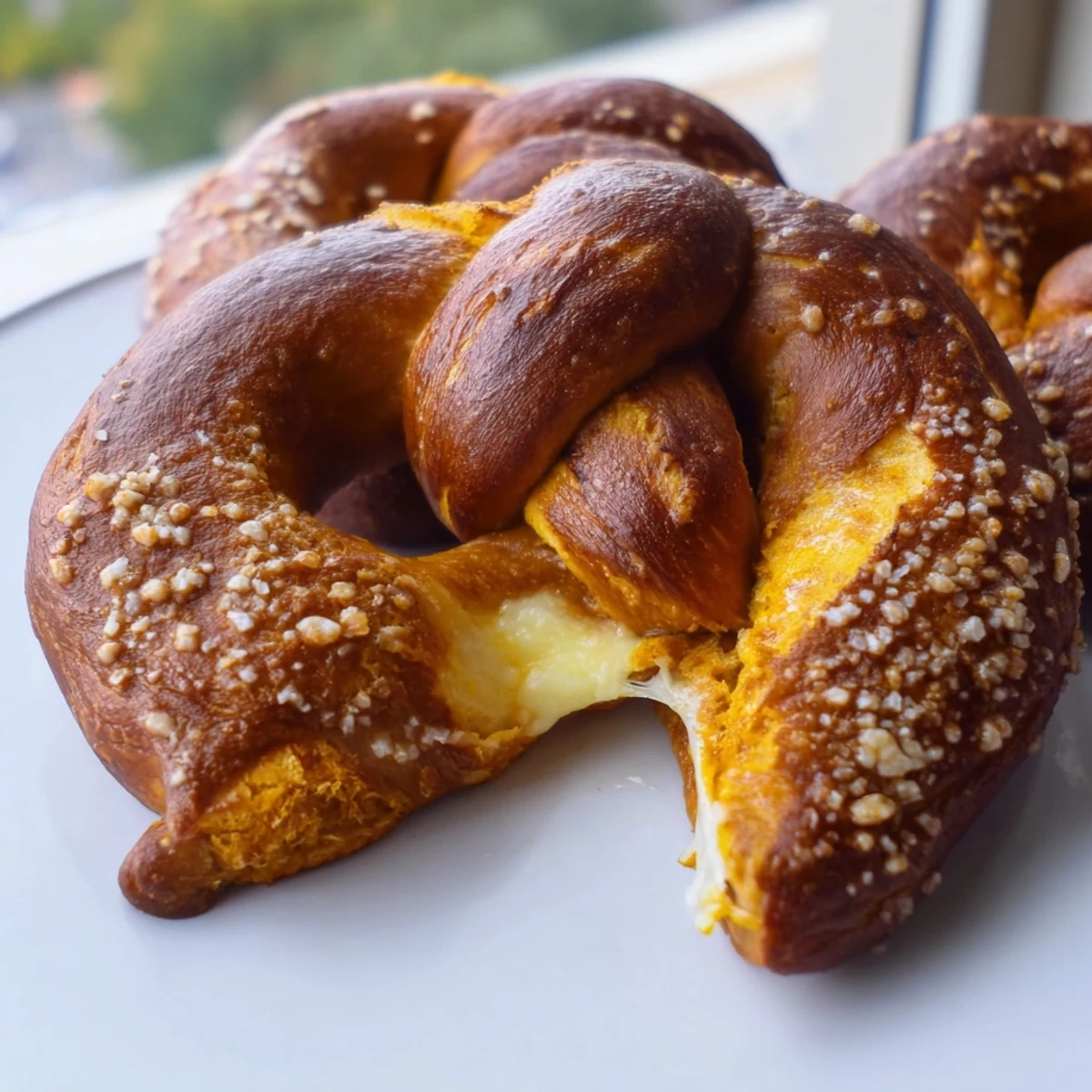 Golden mozzarella stuffed soft pretzels with coarse salt sprinkled on top served warm