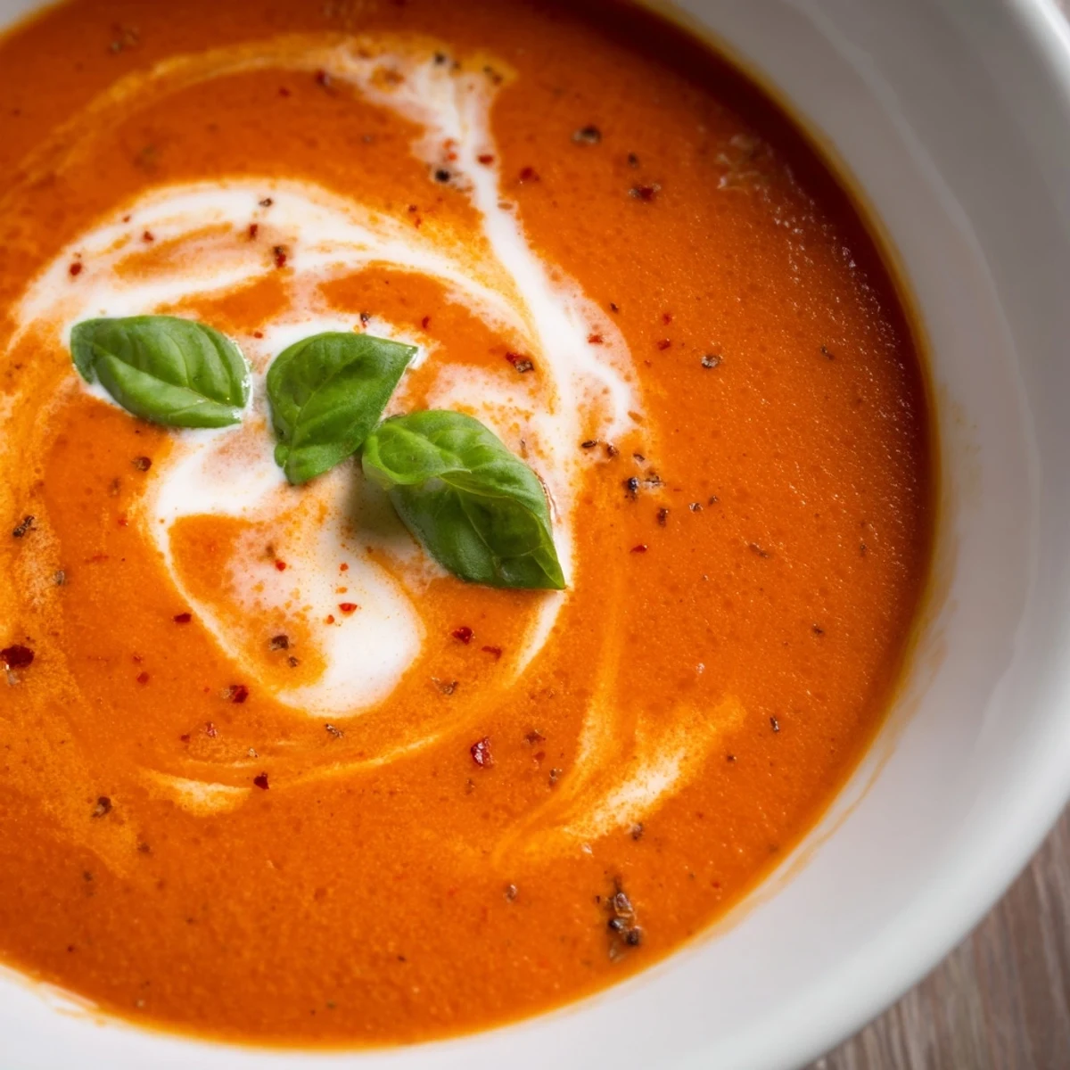 Creamy fire roasted tomato soup in a rustic bowl with fresh basil garnish