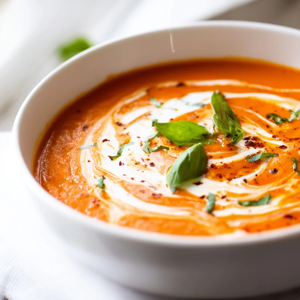 Smoky fire roasted tomato soup topped with swirls of cream and herbs