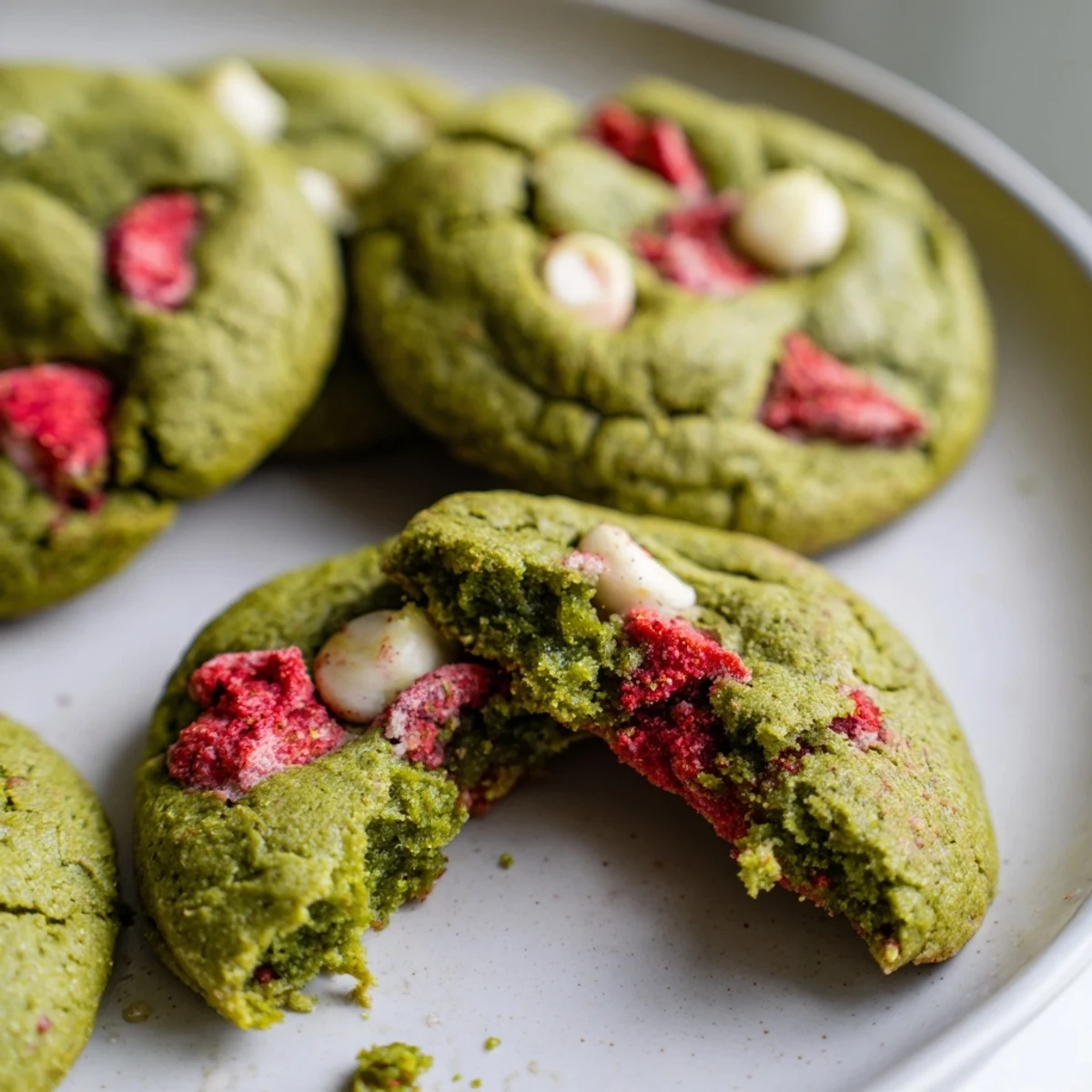 Soft strawberry matcha cookies with bright green dough and ruby-red strawberry chunks