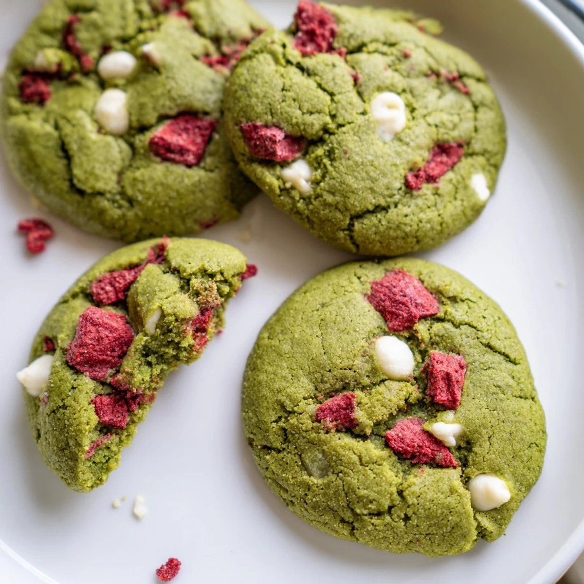 Chewy strawberry matcha cookies cooling on a wire rack, speckled with white chocolate chips
