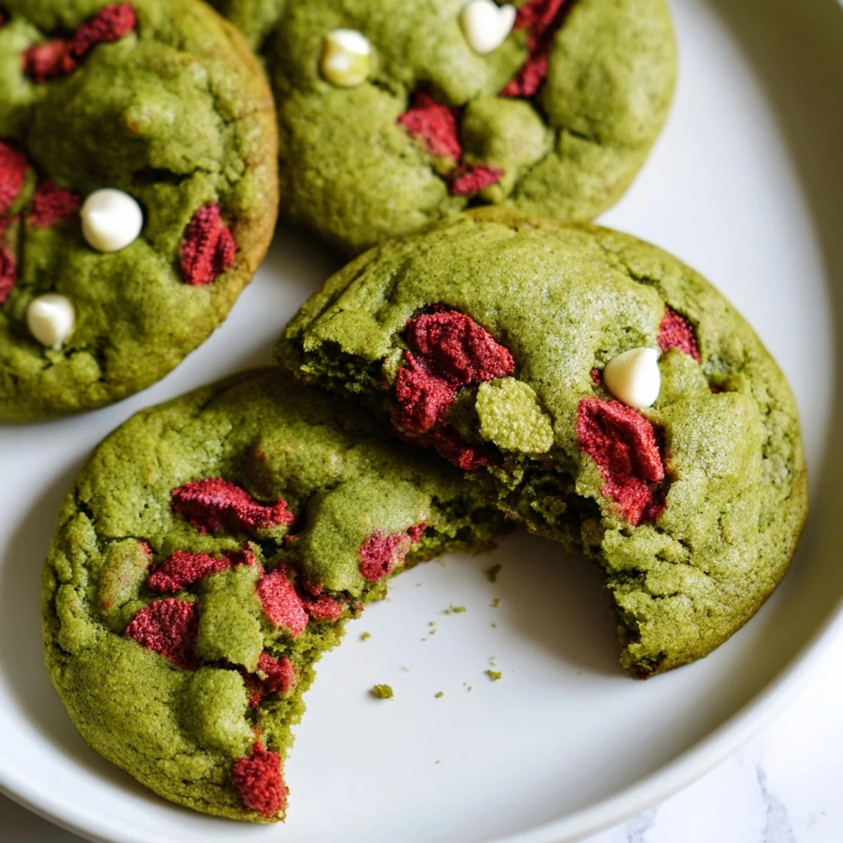 Golden-edged strawberry matcha cookies arranged on parchment, studded with vibrant freeze-dried berries