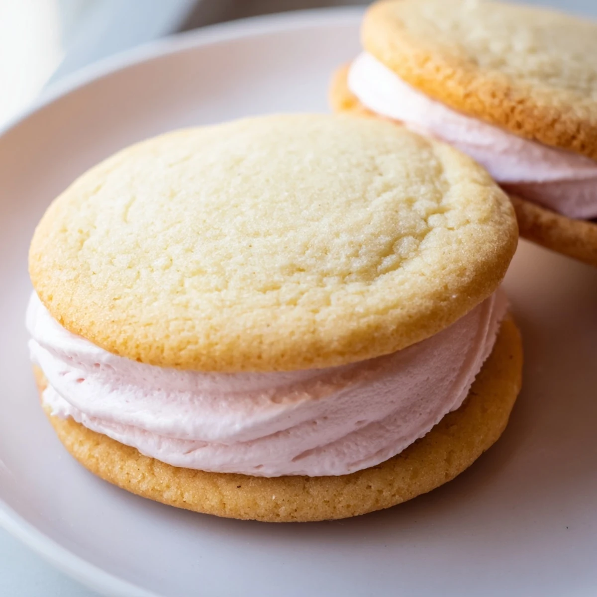 Soft pastel sugar cookie sandwiches with swirled buttercream filling on a rustic board