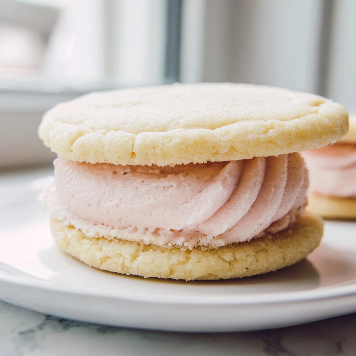 Creamy pastel frosting oozes from tender sugar cookie sandwiches arranged on white porcelain