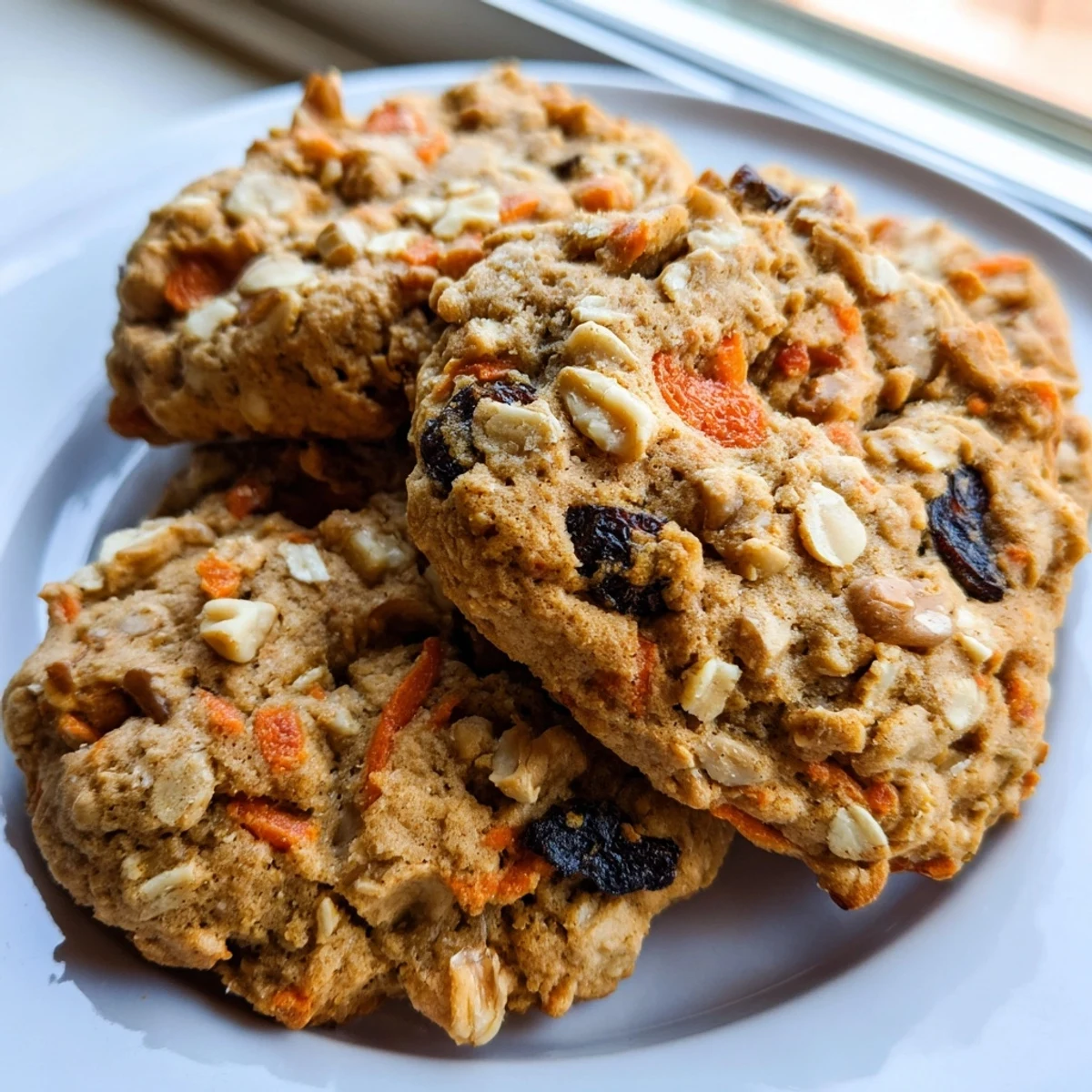 Chewy carrot cake cookies with golden edges, loaded with grated carrots and raisins