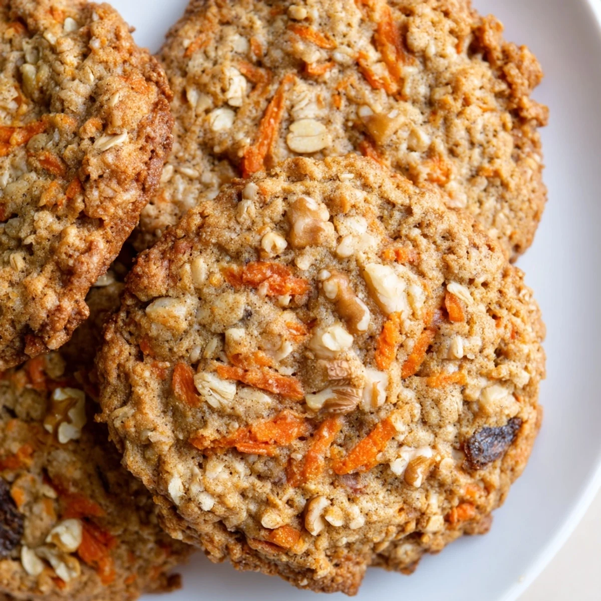 Chewy carrot cake cookies topped with cream cheese frosting on a rustic baking sheet
