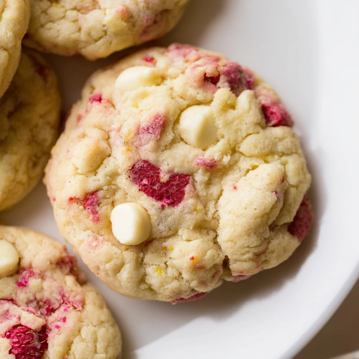 Golden lemon raspberry cookies with jewel-toned berries and soft, chewy centers on a rustic baking sheet