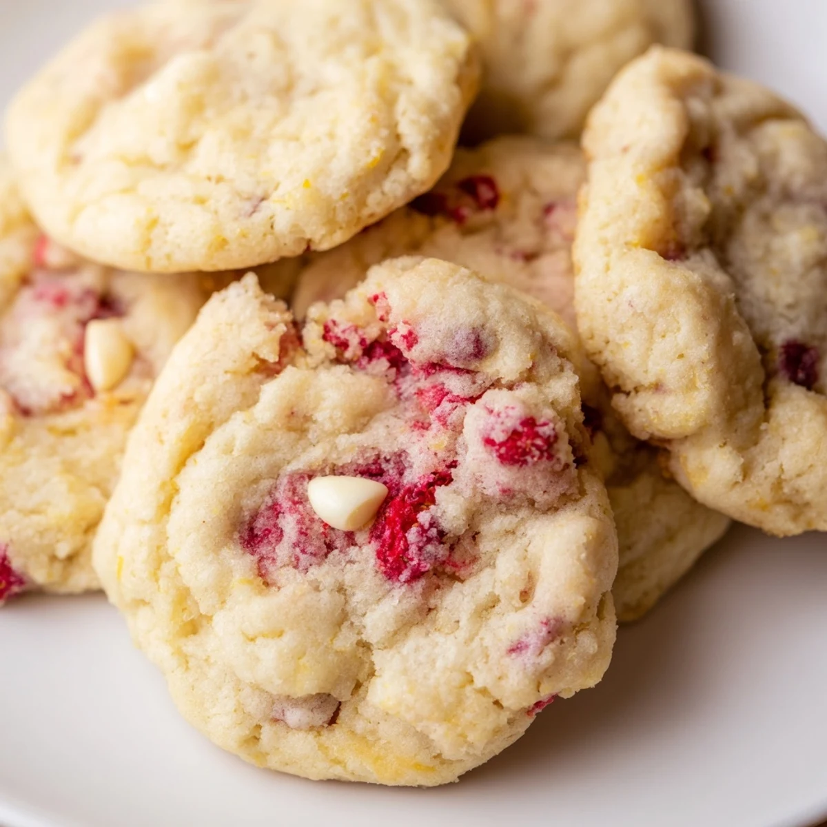 Bright lemon raspberry cookies featuring bursts of red fruit and a tender, buttery crumb texture