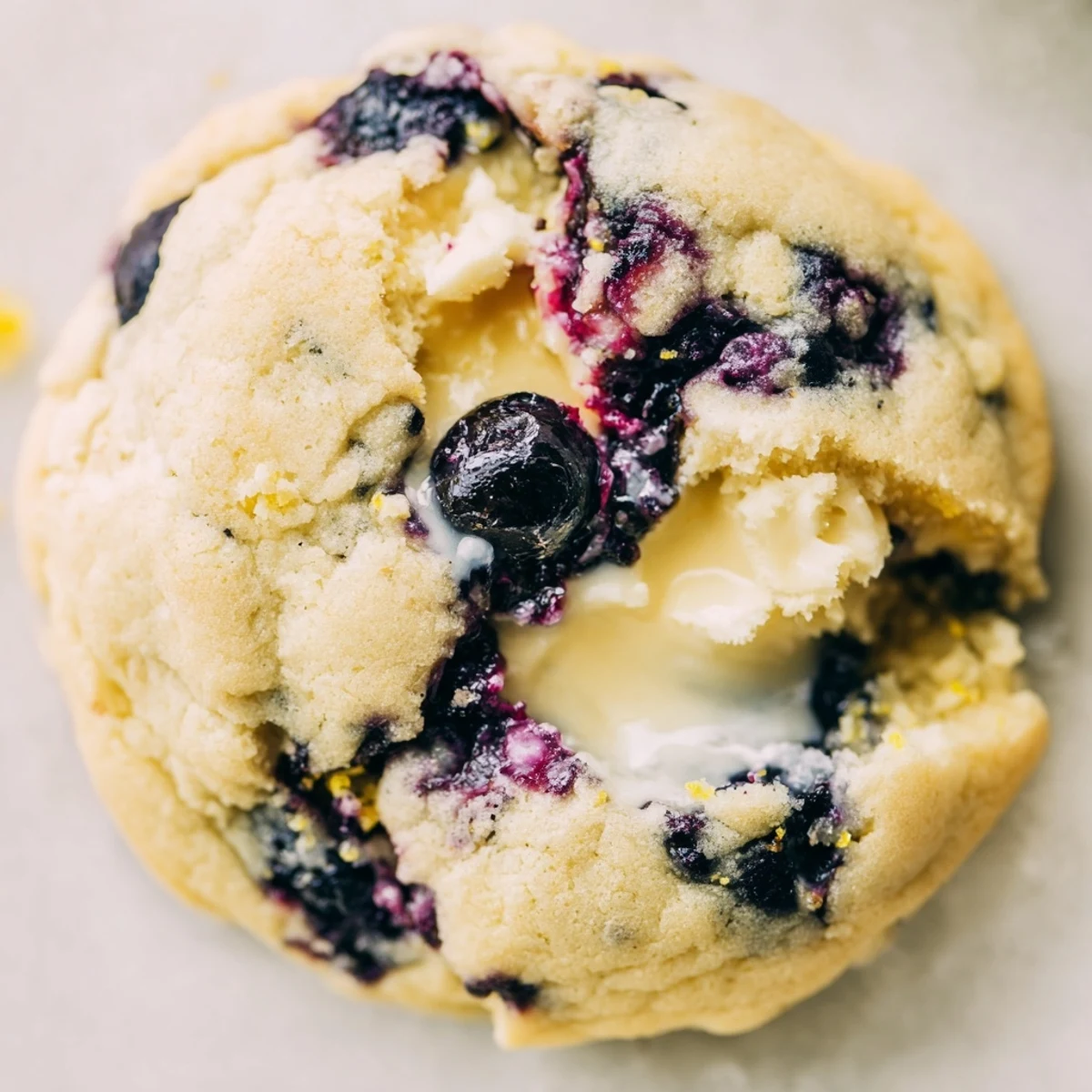 Soft lemon blueberry cheesecake cookies with golden edges on a rustic baking sheet