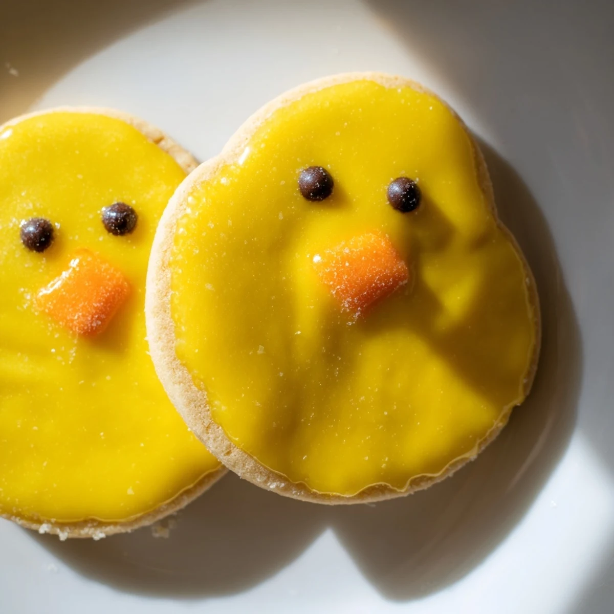 Adorable chick cookies with bright yellow frosting and cute chocolate chip eyes on a rustic baking sheet