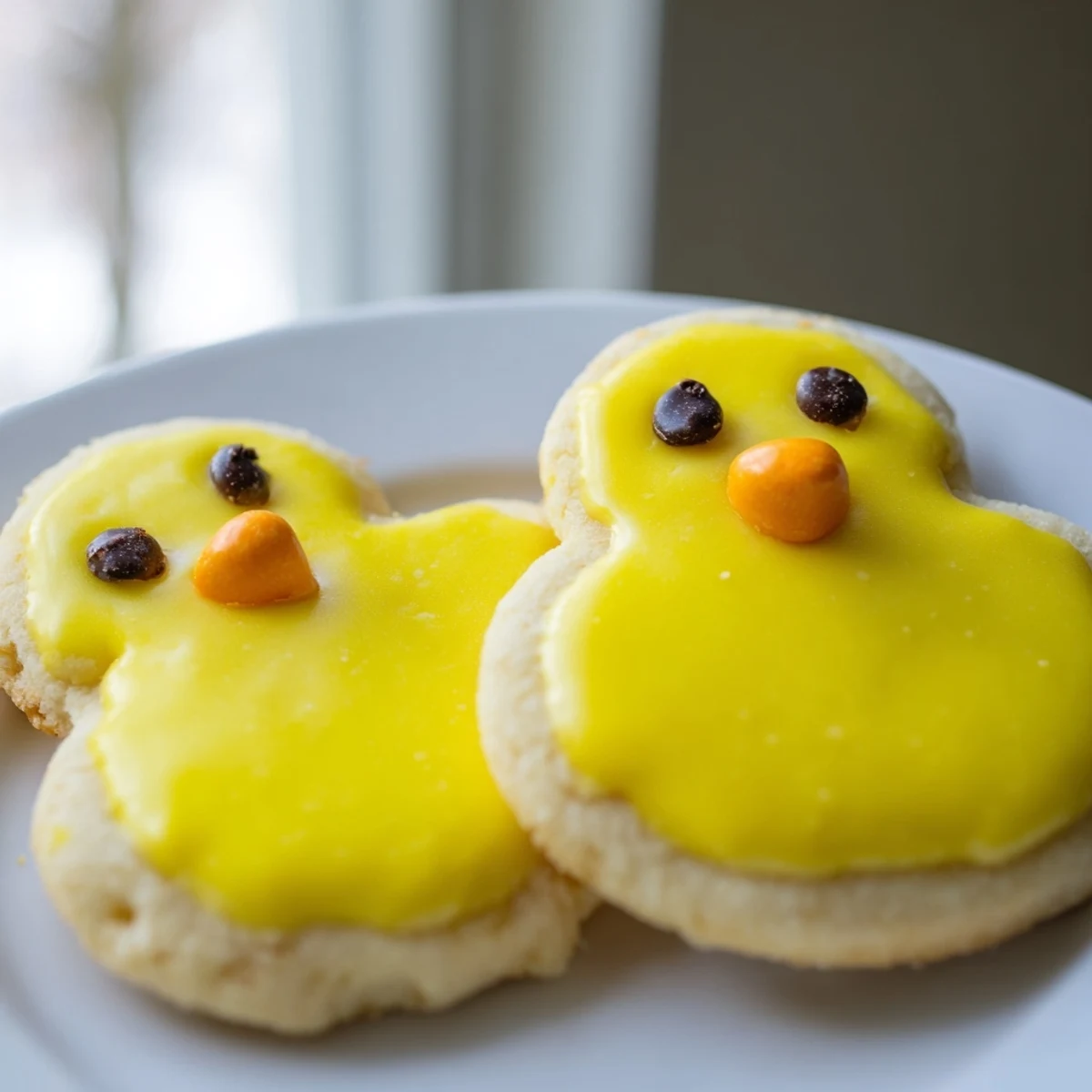 Golden chick cookies arranged on a white platter with cheerful faces for spring celebrations