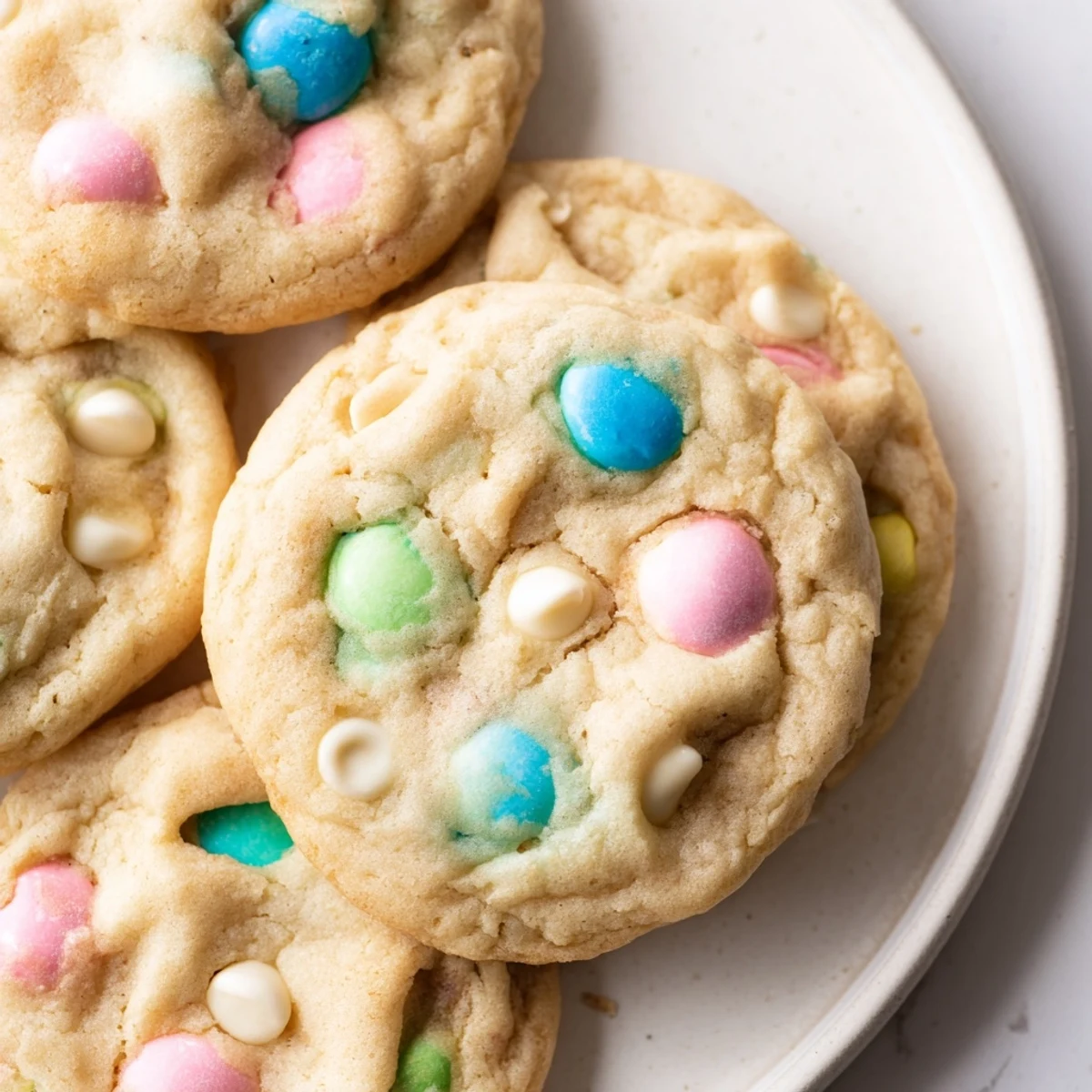 Golden batch of M&M bunny cookies fresh from oven with melty chocolate centers