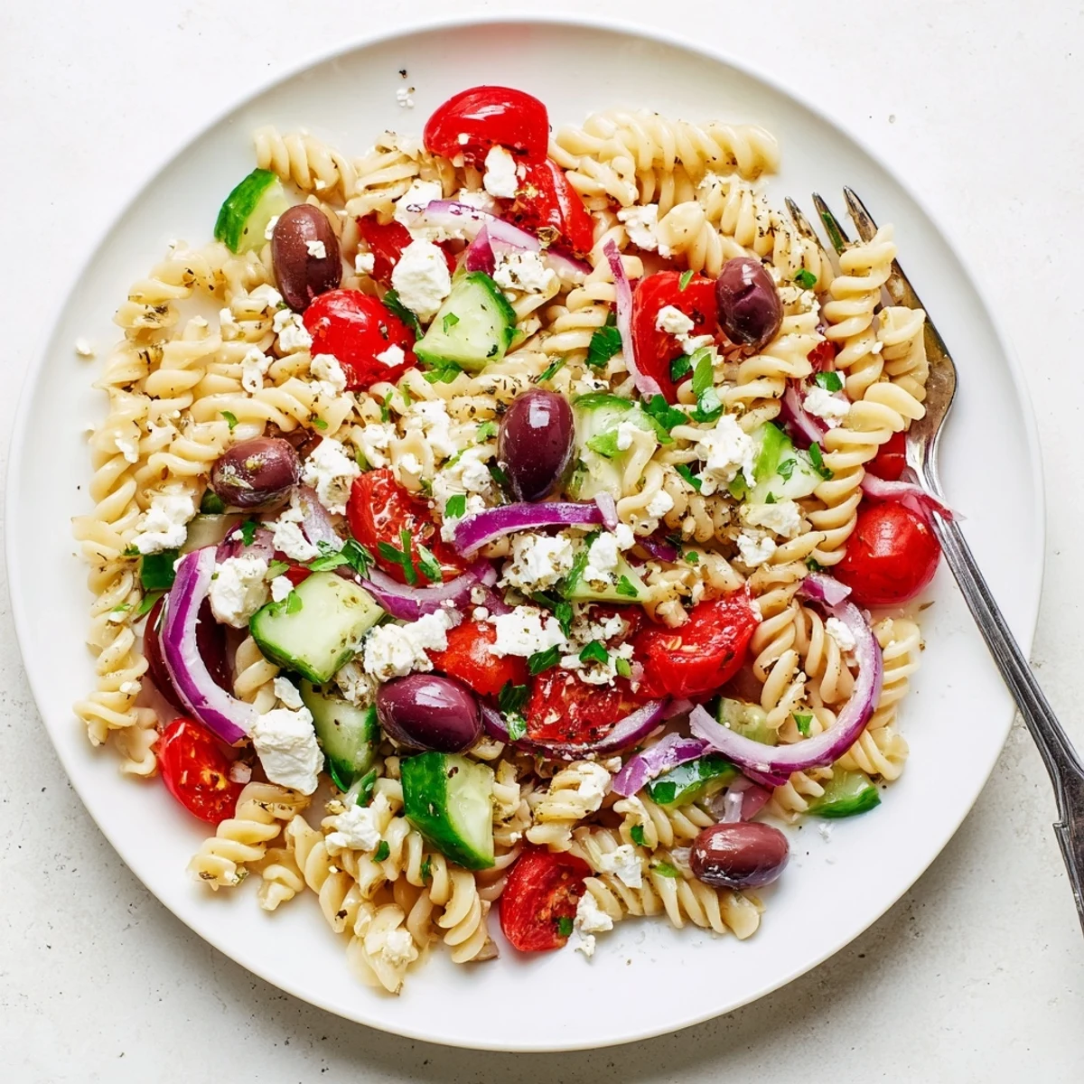 Greek pasta salad in a white bowl with cherry tomatoes, cucumber, and crumbled feta cheese