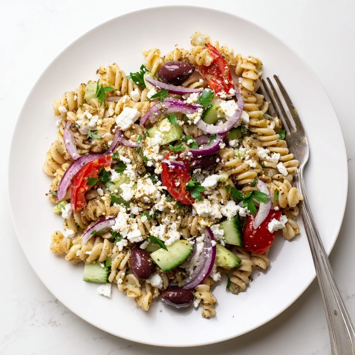 Colorful Greek pasta salad featuring crisp vegetables, olives, and tangy feta in zesty dressing