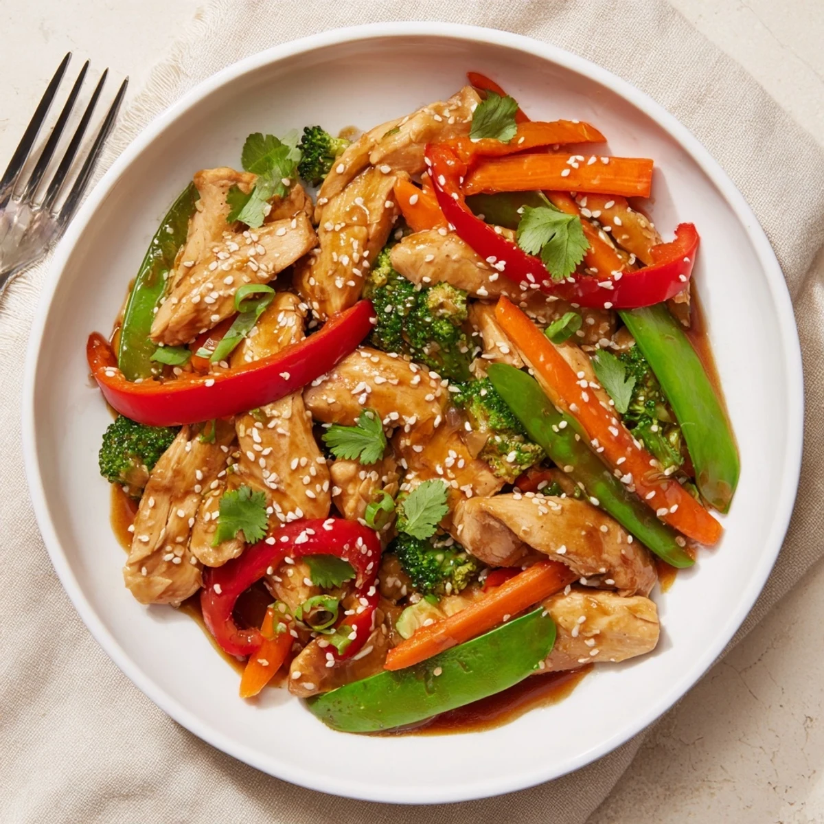 Sesame soy chicken stir fry in a wok with colorful bell peppers and broccoli florets