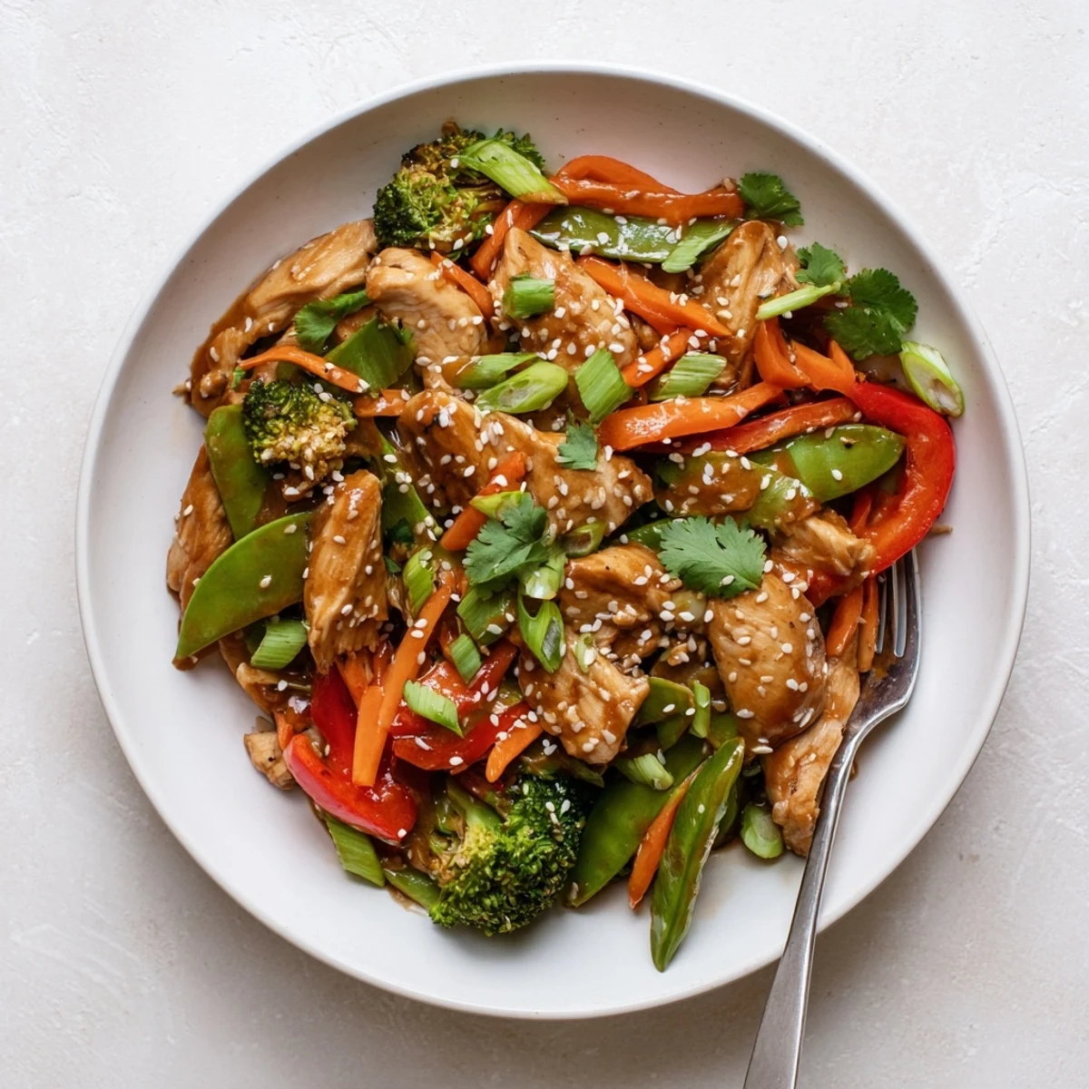 Tender sesame soy chicken stir fry coated in glossy sauce topped with sesame seeds
