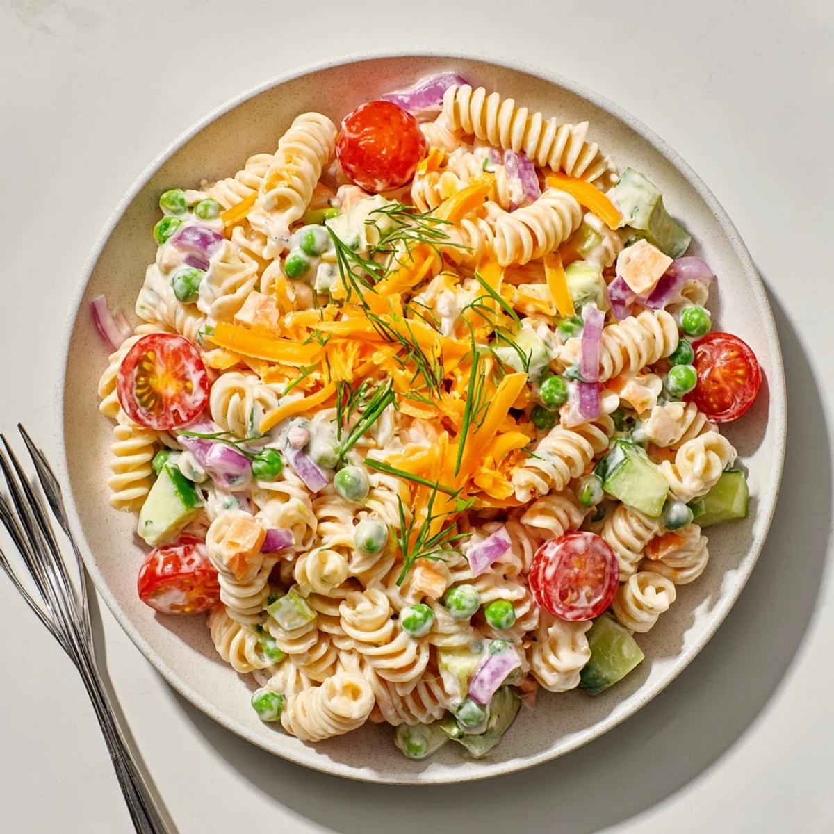 Creamy ranch pasta salad loaded with colorful crisp vegetables in a tangy herb dressing