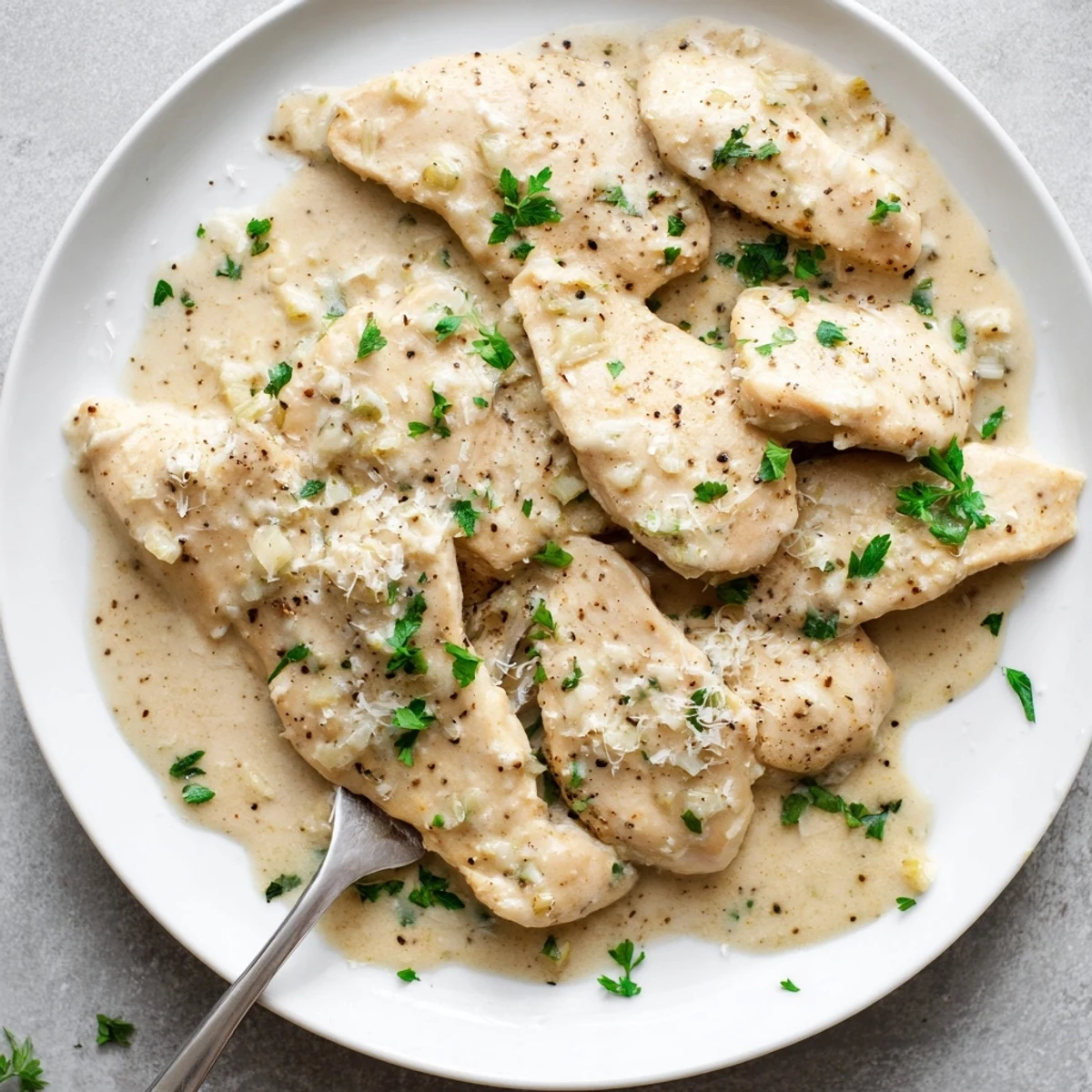 Creamy garlic chicken in golden skillet with velvety white sauce and fresh parsley garnish