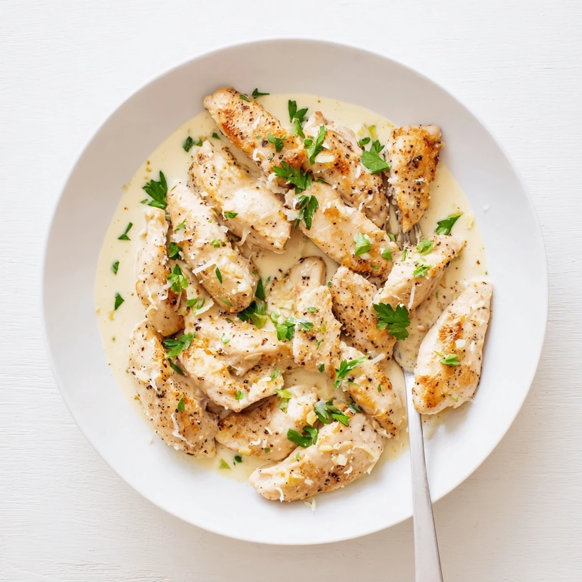 Tender creamy garlic chicken breasts smothered in rich Parmesan sauce with chopped herbs