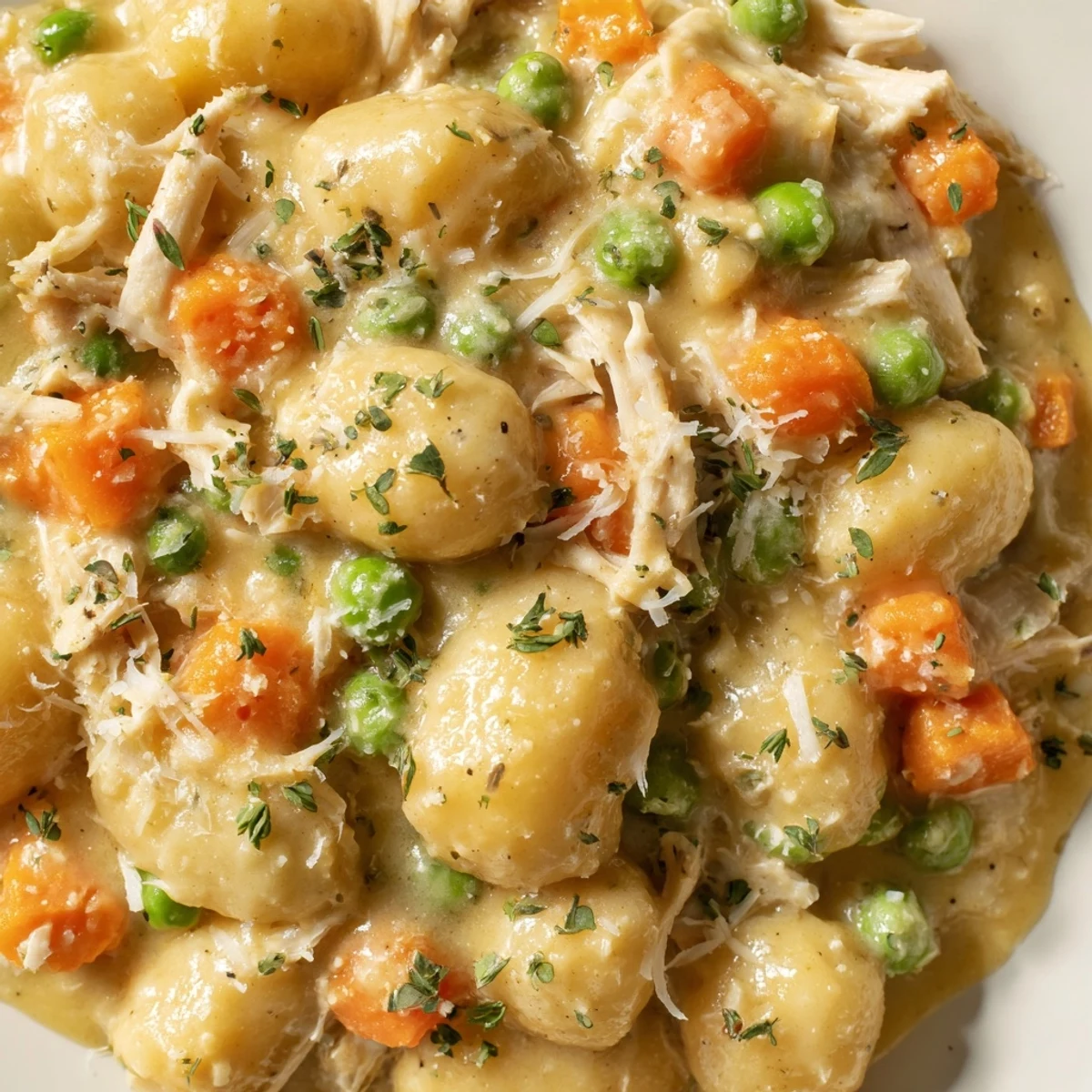 Creamy one pot gnocchi chicken pot pie topped with fresh parsley in a rustic skillet