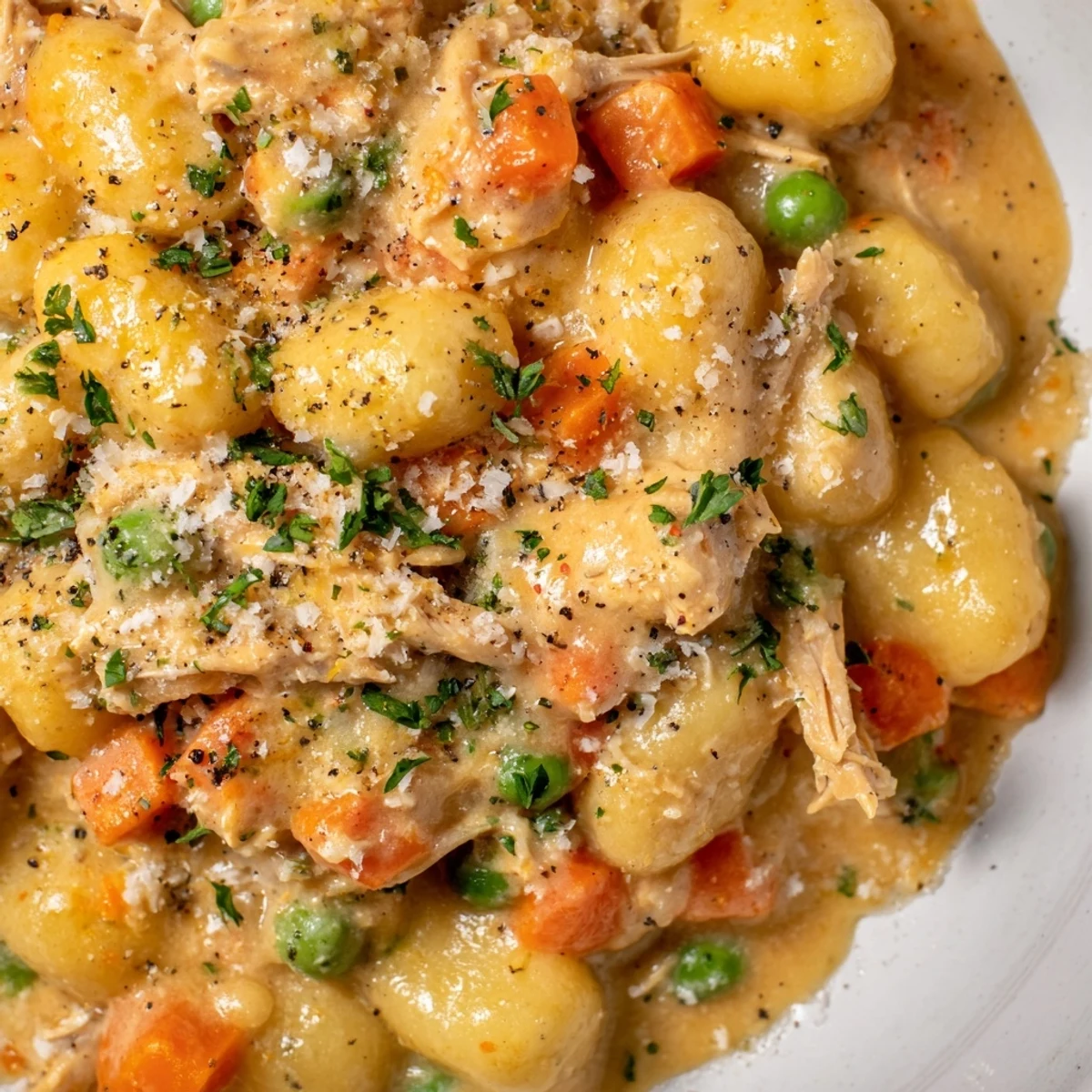 Golden one pot gnocchi chicken pot pie bubbling with tender vegetables in creamy sauce