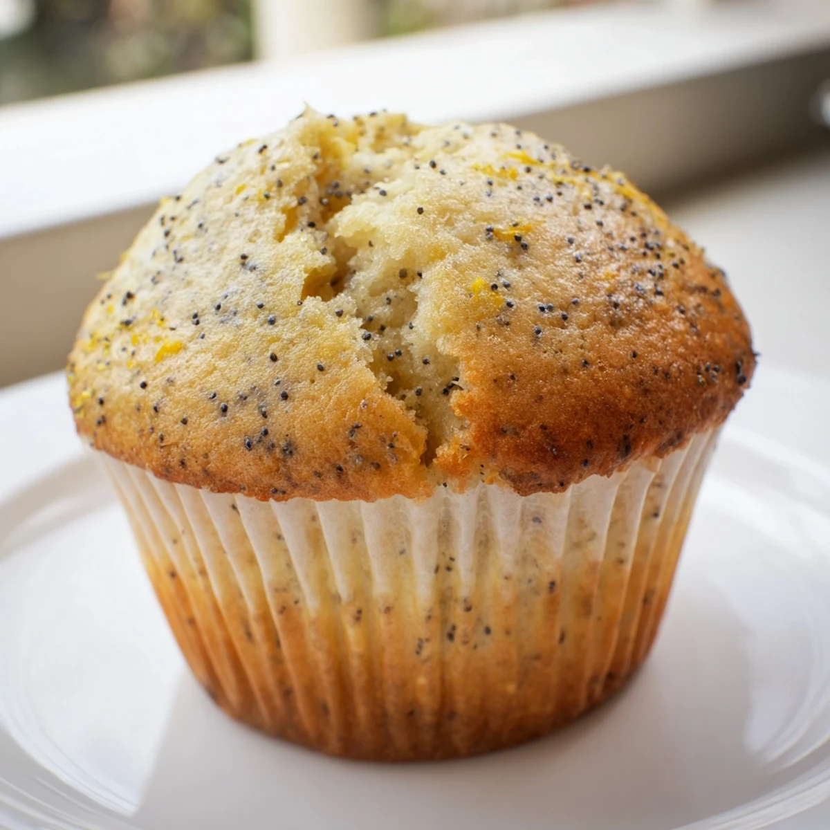 Golden Lemon Poppy Seed Muffins with domed tops fresh from the oven on a wire cooling rack