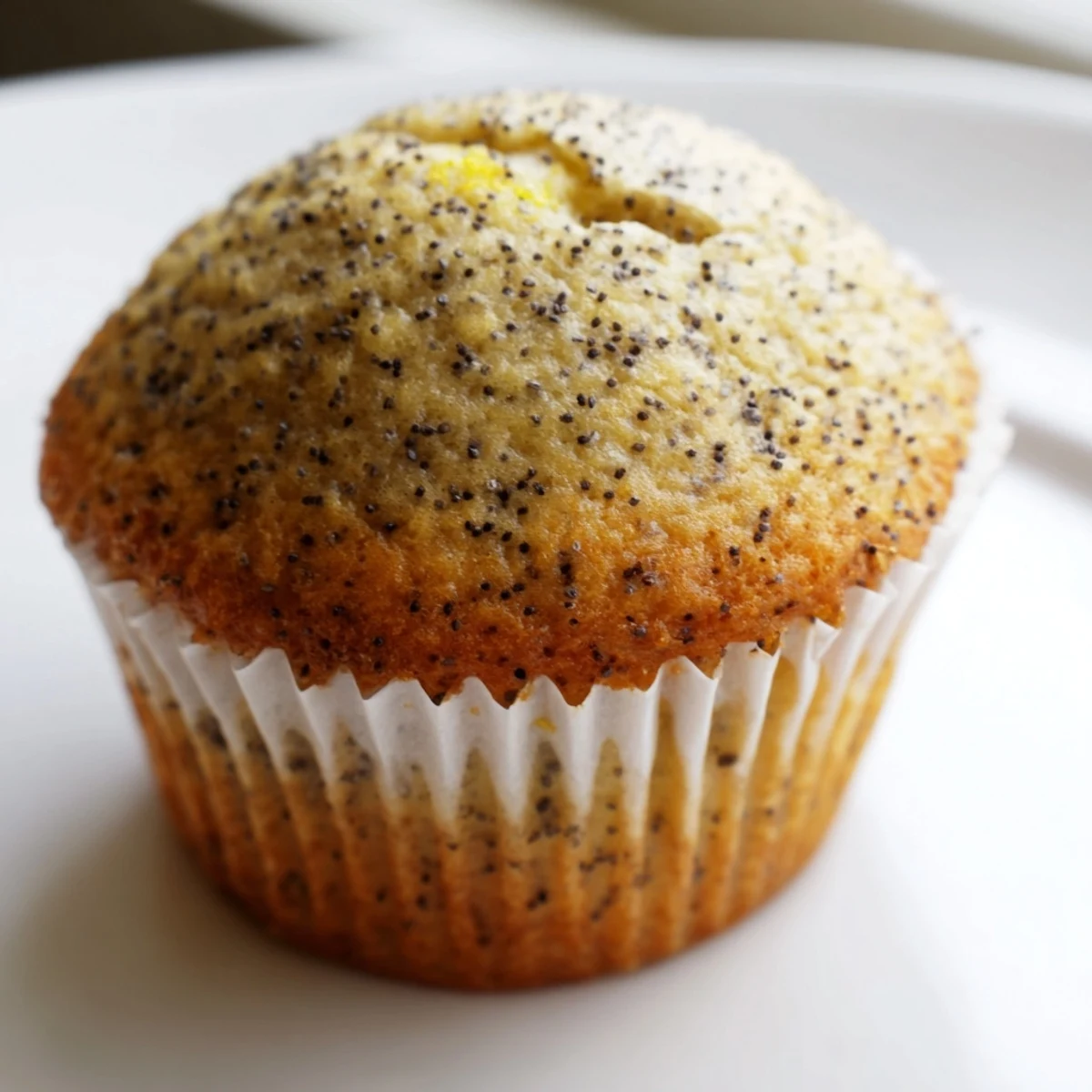 Moist Lemon Poppy Seed Muffins flecked with zest and speckled poppy seeds in paper liners