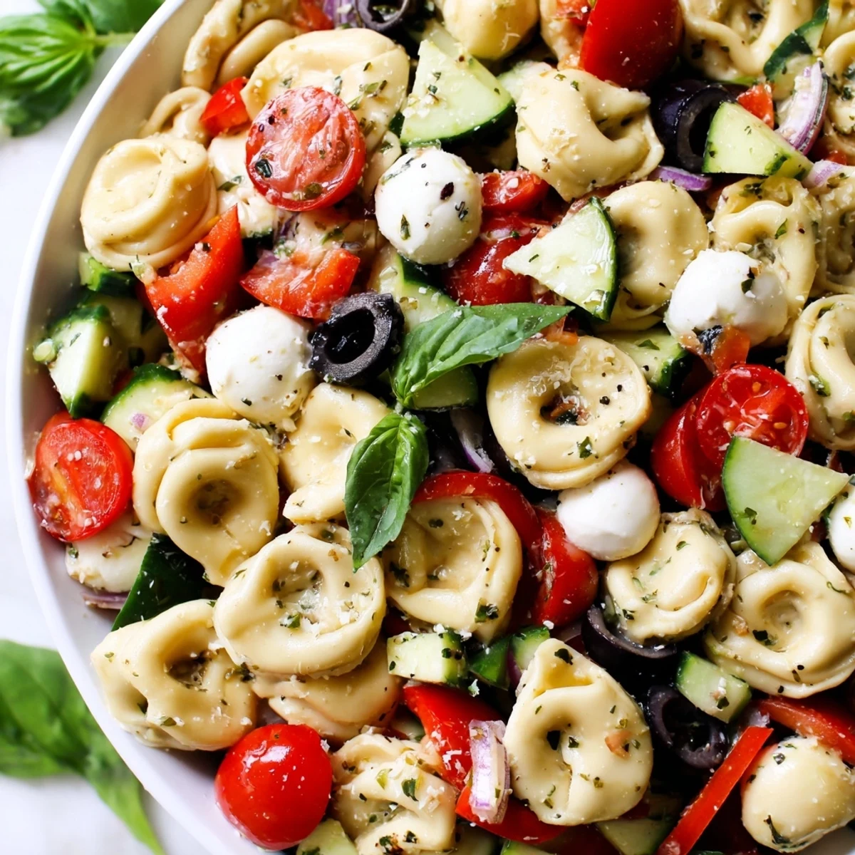 Colorful tortellini salad featuring crisp vegetables and mozzarella in zesty vinaigrette