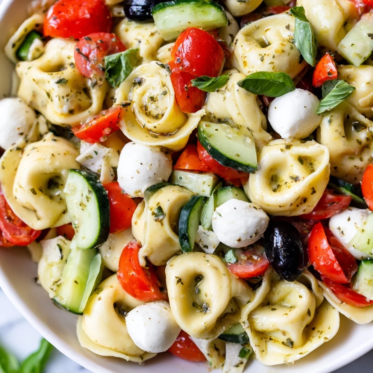 Creamy tortellini salad with cherry tomatoes and cucumber in Italian dressing