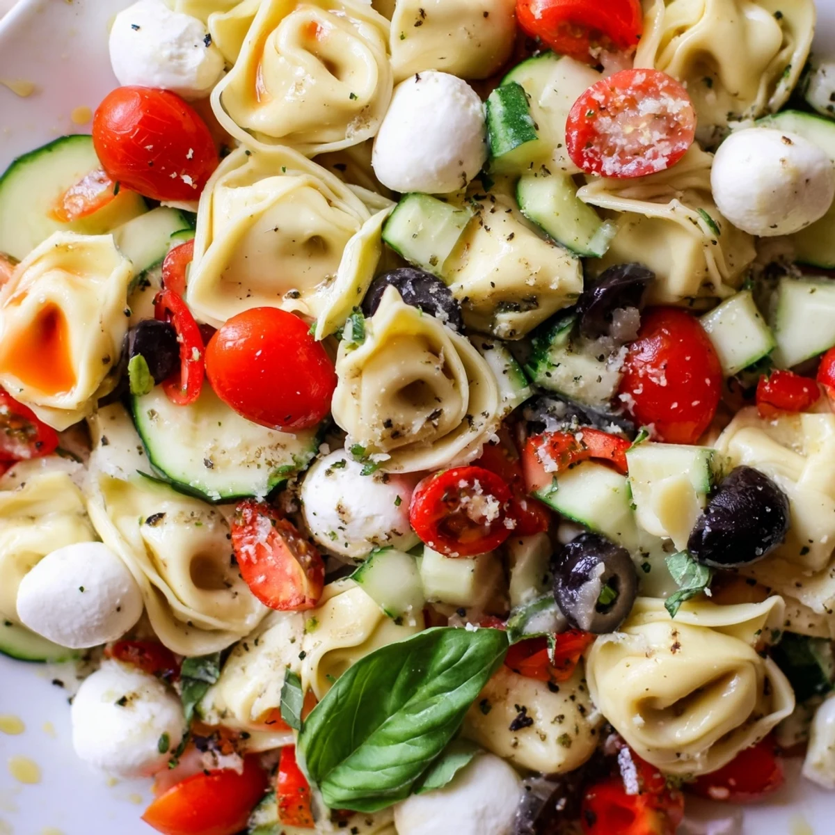 Chilled tortellini salad tossed with bell peppers olives and fresh basil leaves