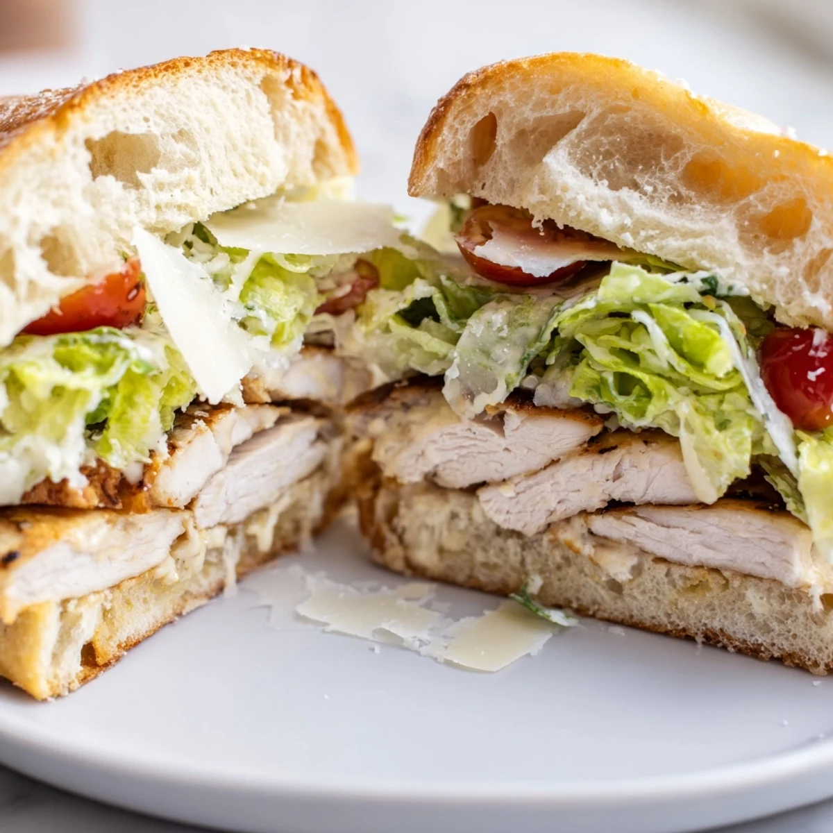 Juicy grilled chicken Caesar sandwich with crisp romaine and creamy dressing on golden toasted ciabatta