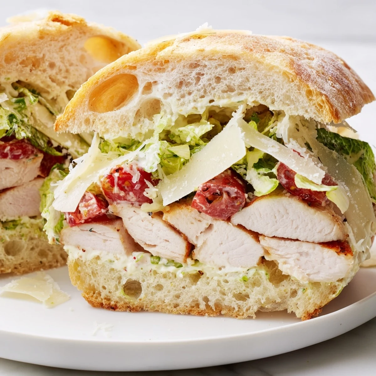 Toasted chicken Caesar sandwich layered with shaved Parmesan and fresh romaine lettuce cut in half