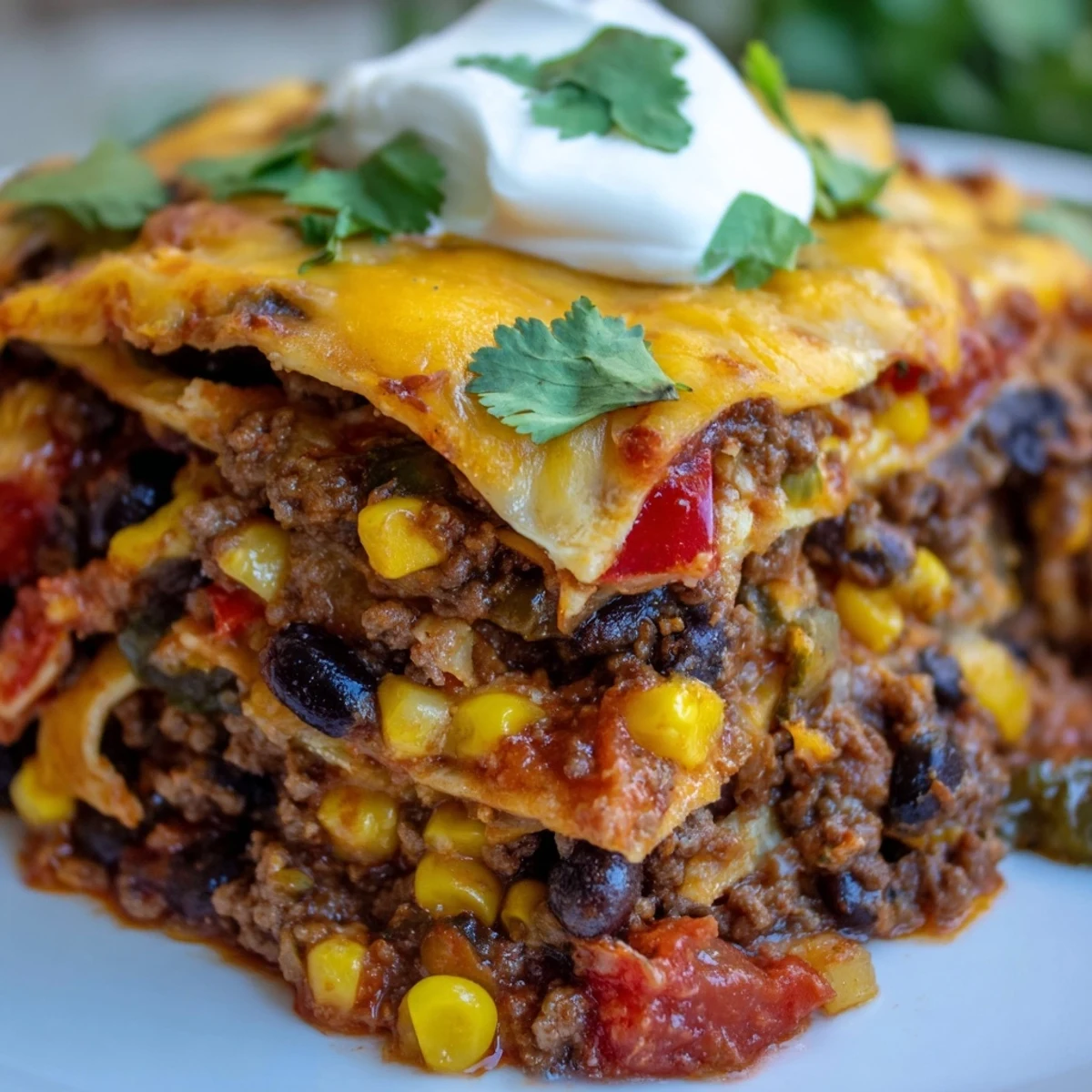 Golden bubbling Mexican lasagna with layers of seasoned beef, beans, and melted cheese steaming hot